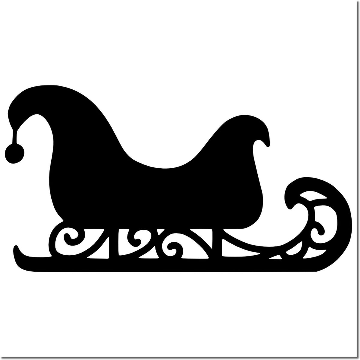 Santa sleigh rubber stamp silhouette with ornate scrollwork, perfect for Christmas cards, holiday crafts, and seasonal stationery.
