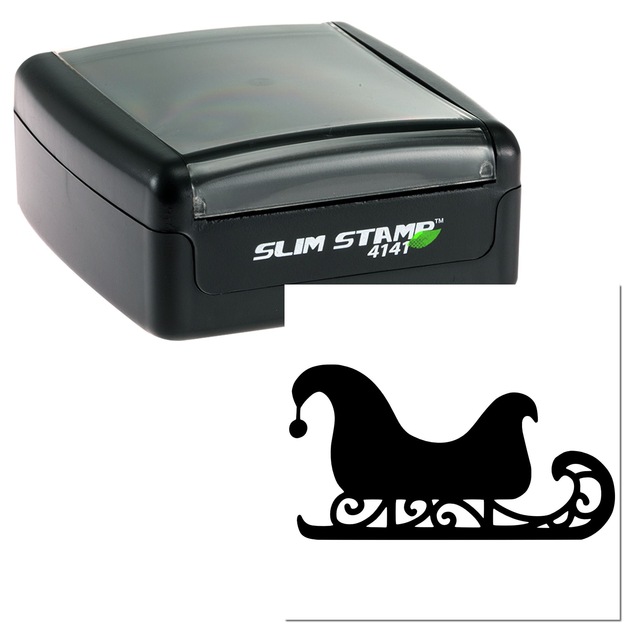 Slim Stamp 4141 self-inking rubber stamp with sleigh design for holiday cards, crafts, and custom branding.