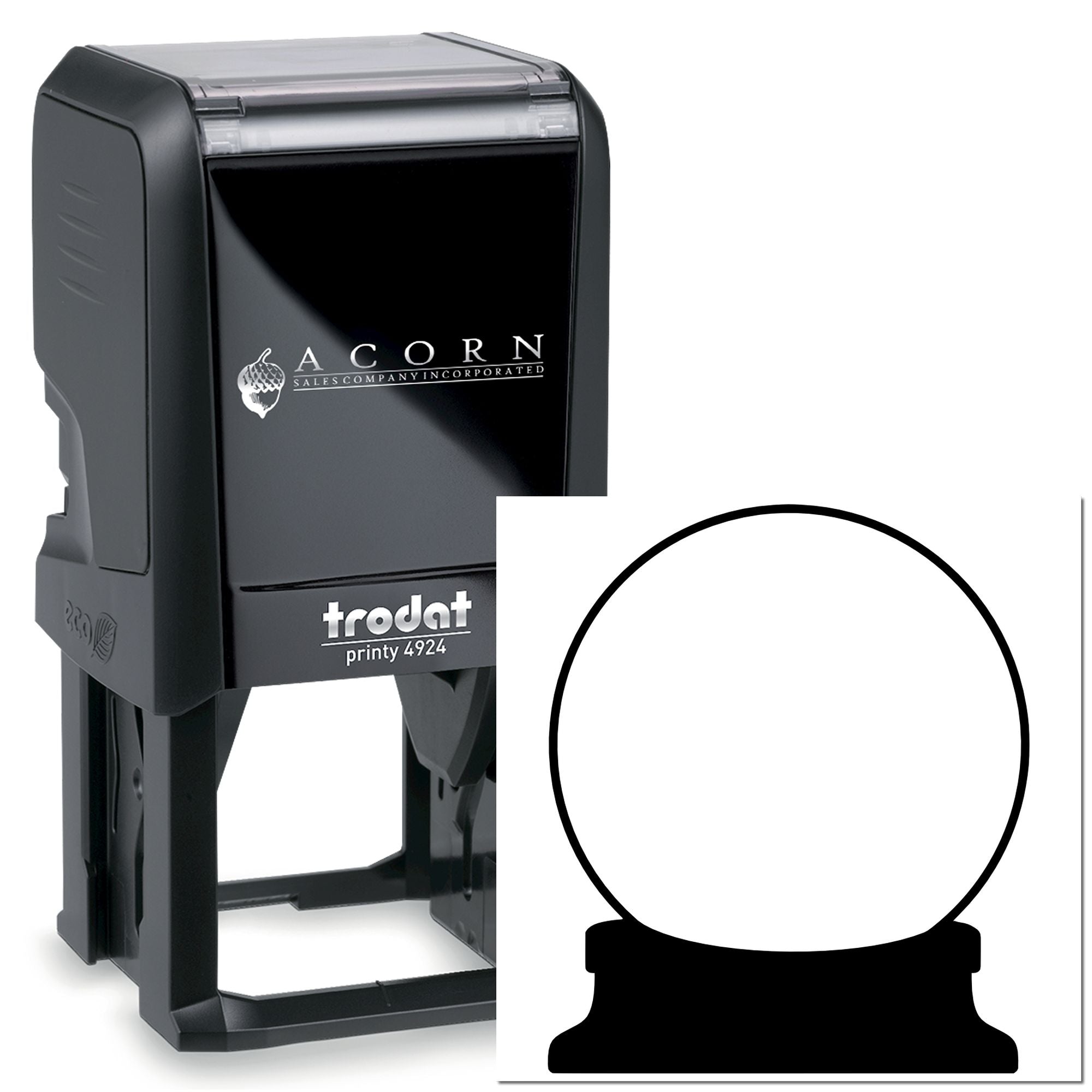 Trodat Printy 4924 self-inking rubber stamp with custom logo and round imprint area for business branding.