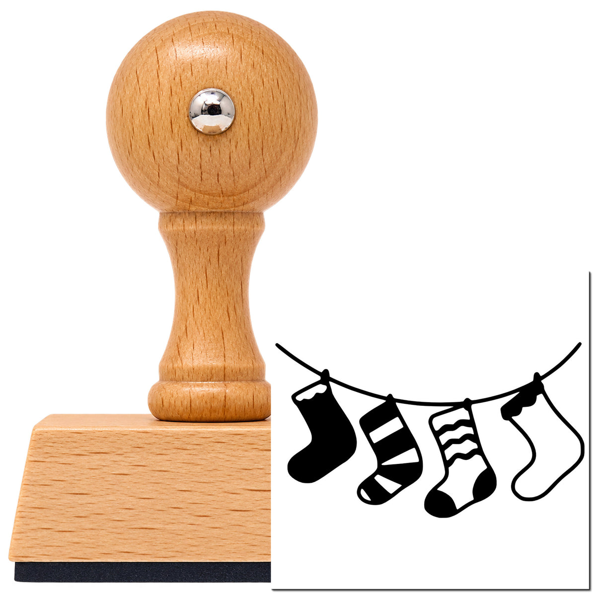 Four Patterned Christmas Stockings Vintage Pro rubber stamp in European beech wood with a round knob handle, shown beside its black imprint.