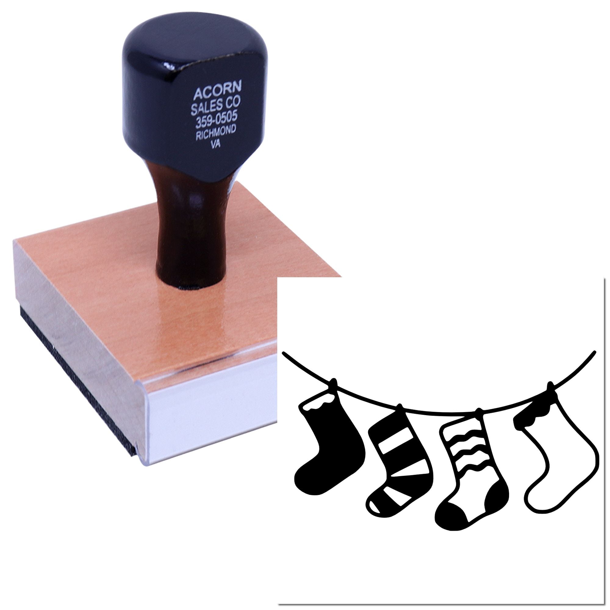 Custom rubber stamp with business address imprint and holiday stocking design for branding and holiday mailings.