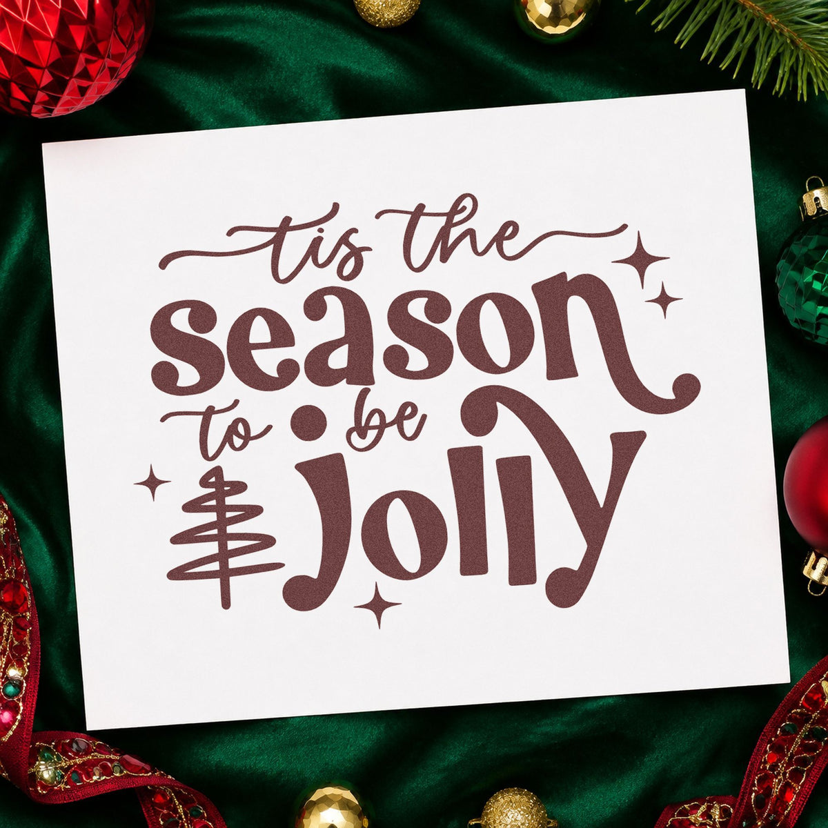 Tis Season To Be Jolly Tree rubber stamp printed in brown ink, ready for guest count sheet and similar paper crafts.