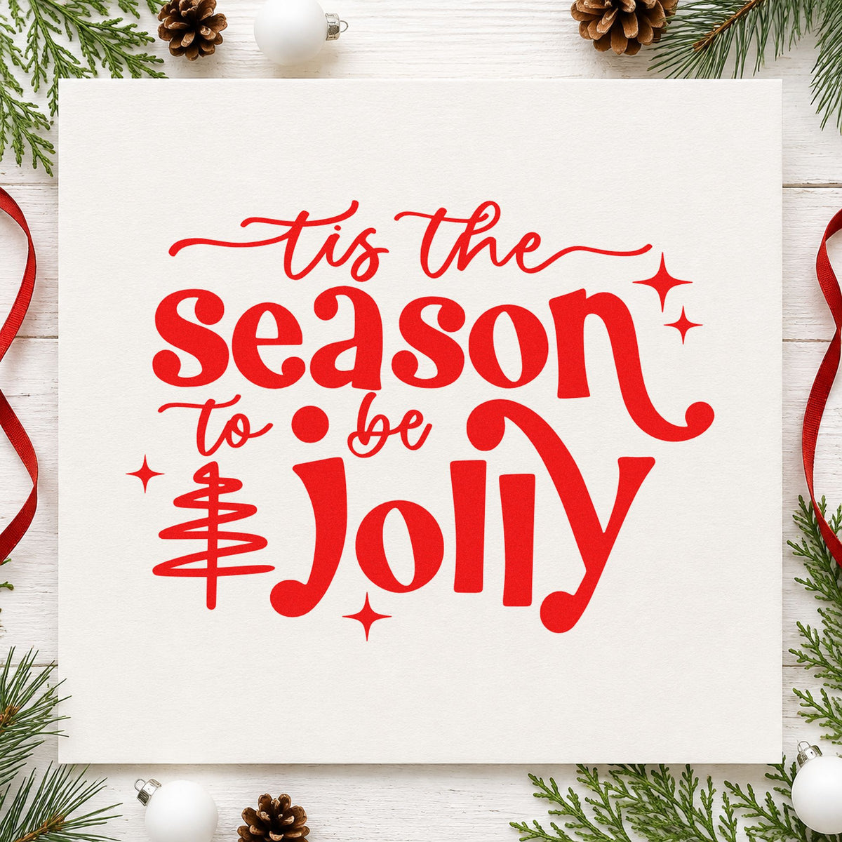 Tis Season To Be Jolly Tree craft stamp in red ink on cardstock, an easy option for coat rack cover ink.
