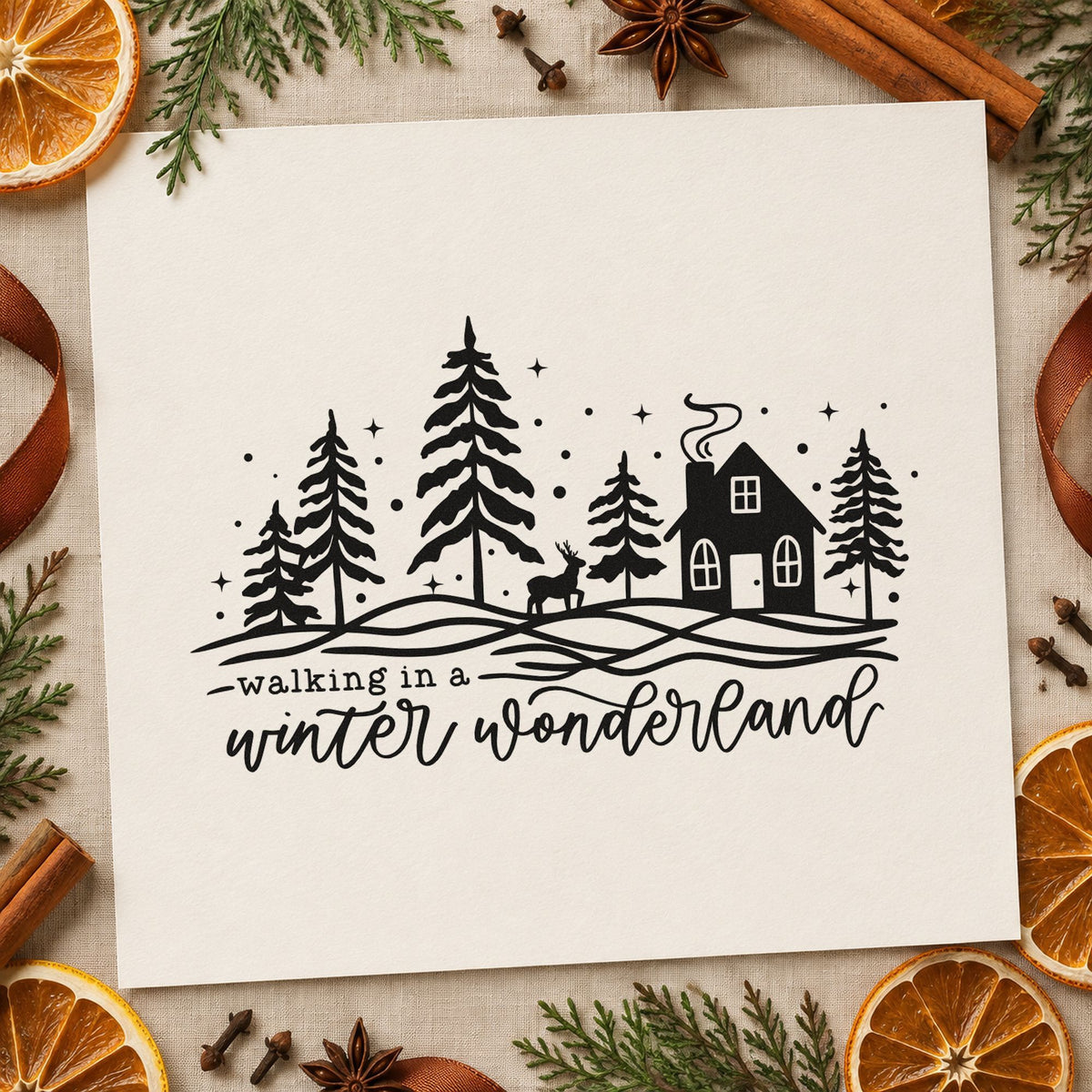Walking Winter Wonderland Cottage rubber stamp printed in black ink, ready for snowy cottage cards and similar paper crafts.