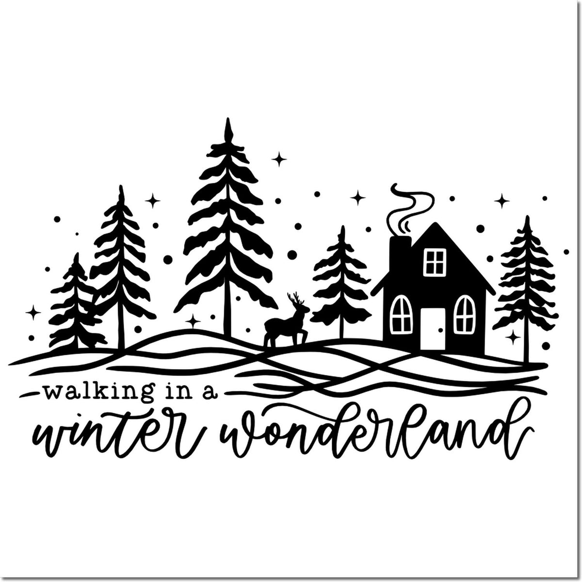 Walking in a winter wonderland rubber stamp with pine trees, cabin, deer, and snowy forest scene.