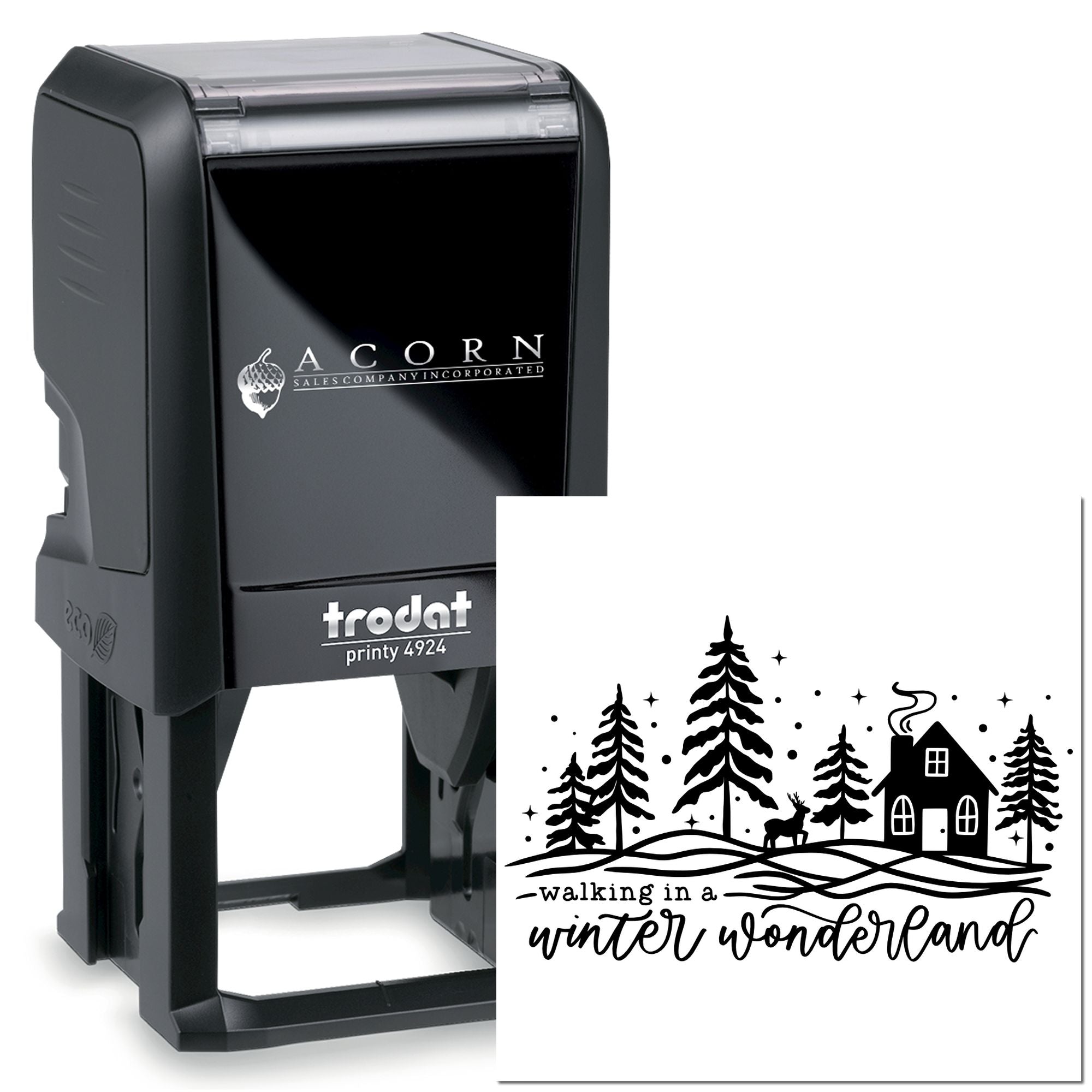 Trodat Printy self-inking rubber stamp with custom Winter Wonderland holiday design for cards, crafts, and packaging.