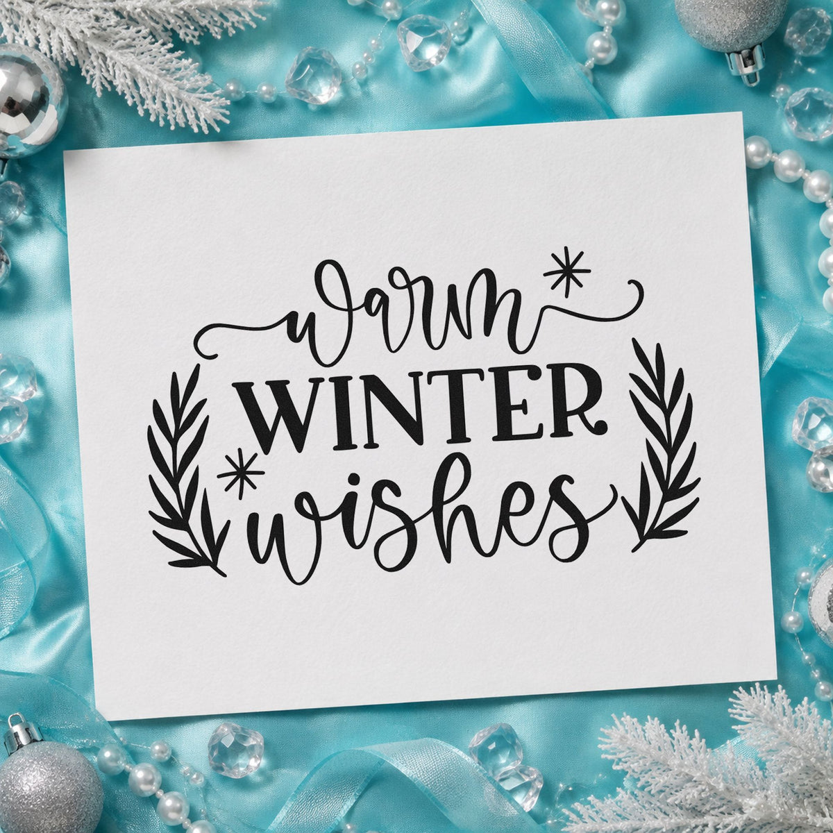 Warm Winter Wishes rubber stamp printed in black ink, ready for warm wishes cards and similar paper crafts.