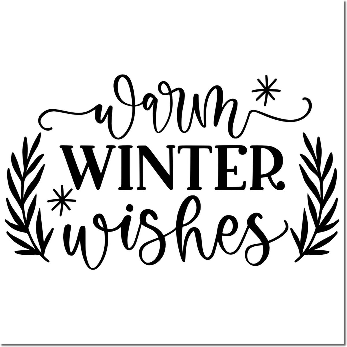 Warm winter wishes rubber stamp design with festive leaves and snowflakes for holiday cards, scrapbooking, and crafts.