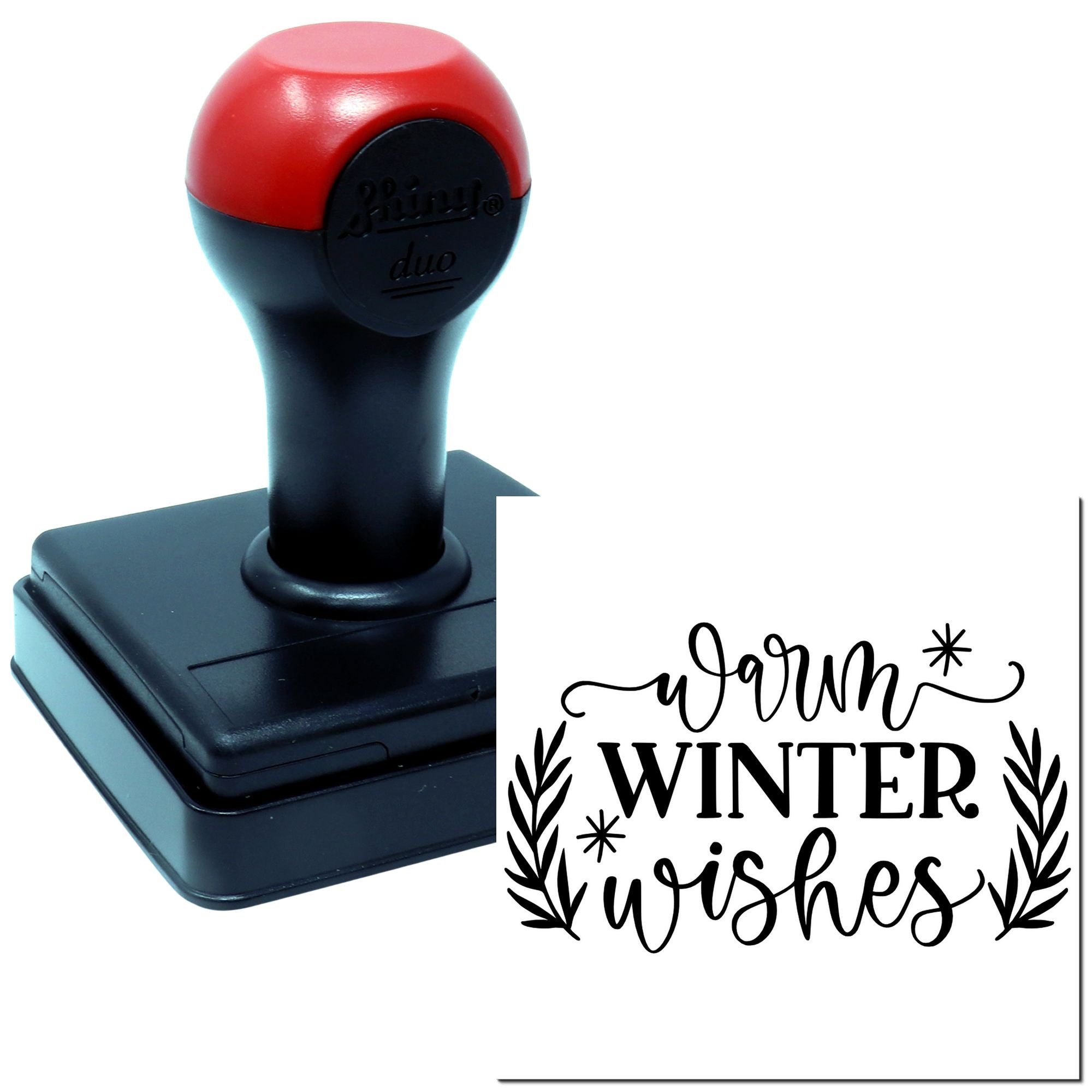 Self-inking rubber stamp for holiday cards, featuring a Warm Winter Wishes sentiment design.