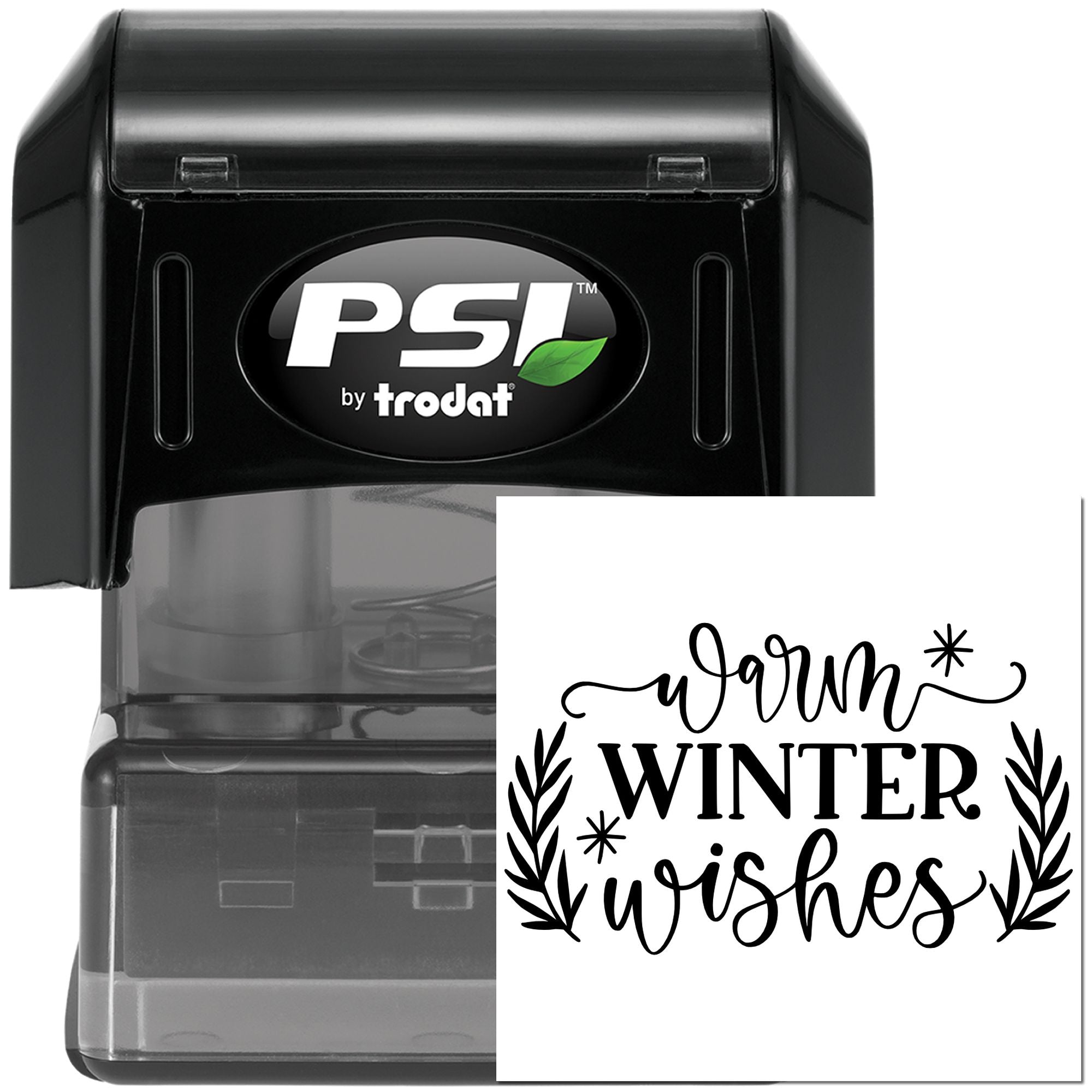 PSI by Trodat self-inking rubber stamp with Warm Winter Wishes design for holiday cards and seasonal packaging.