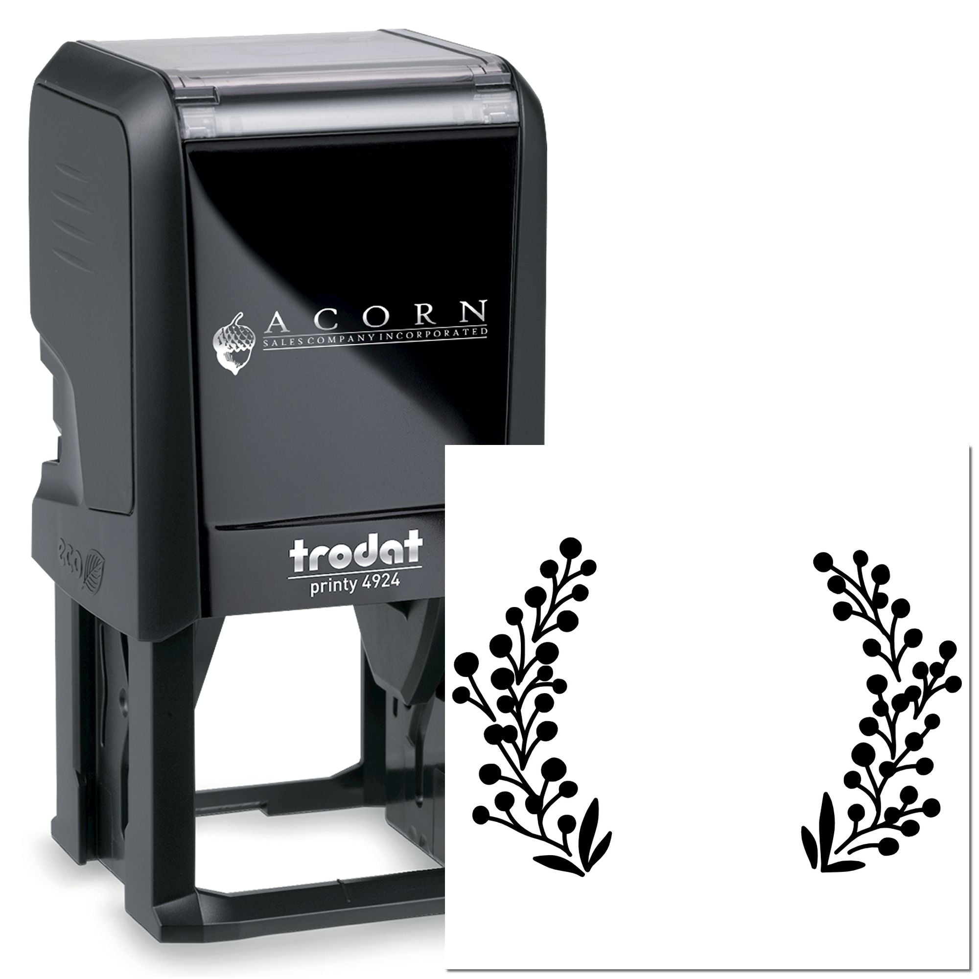 Custom self-inking rubber stamp, Trodat Printy 4924, with Acorn Sales logo and decorative botanical border design.