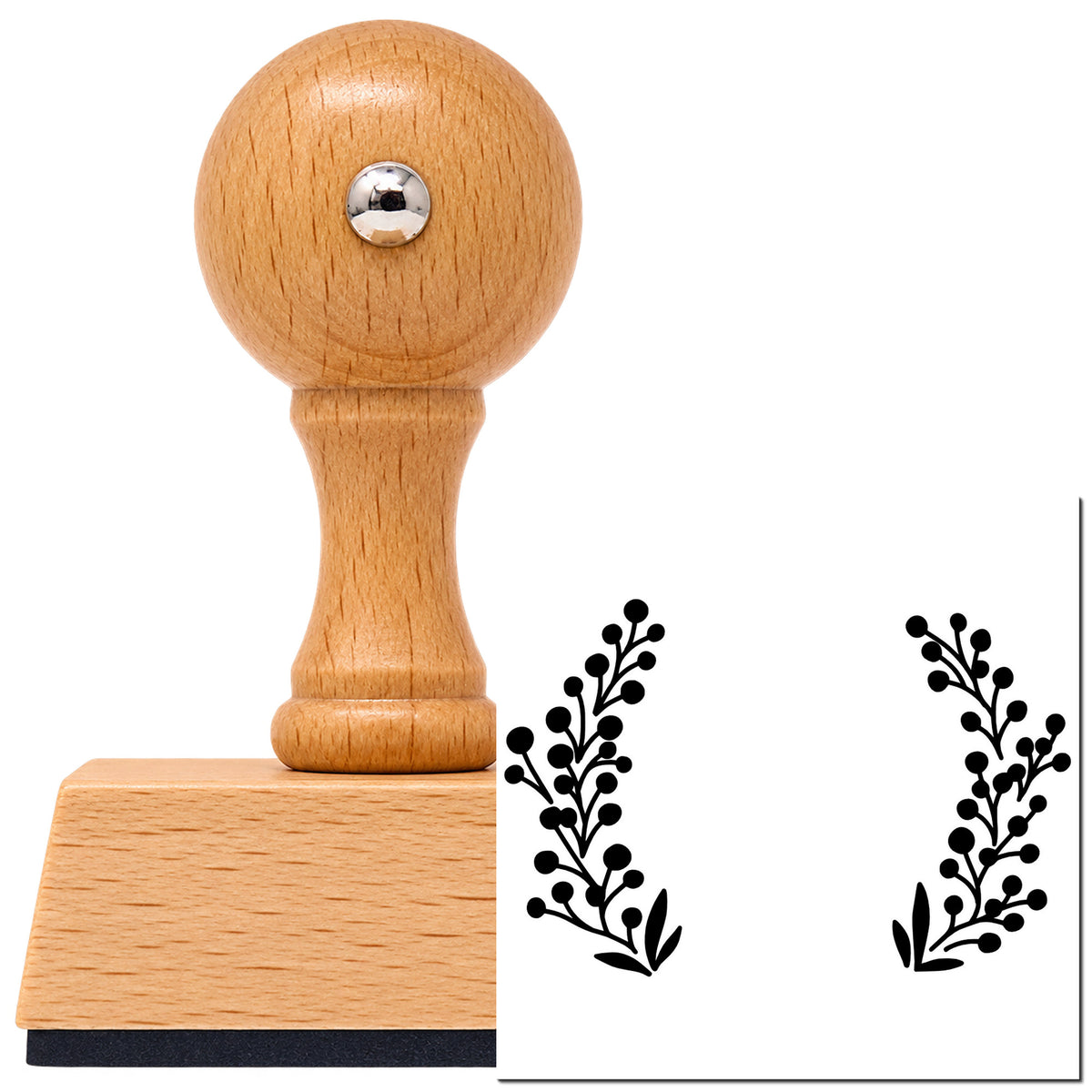 Open Berry Branch Wreath Vintage Pro rubber stamp in European beech wood with a round knob handle, shown beside its black imprint.