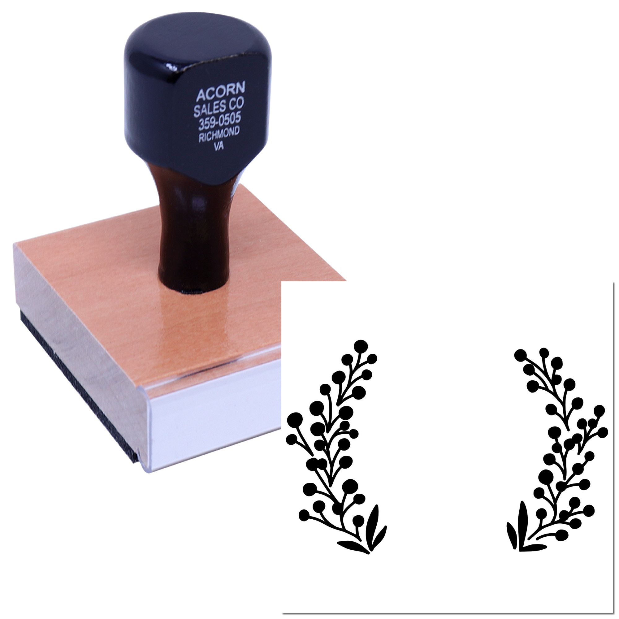 Custom rubber stamp with botanical wreath imprint for wedding invitations, packaging, and handmade branding.