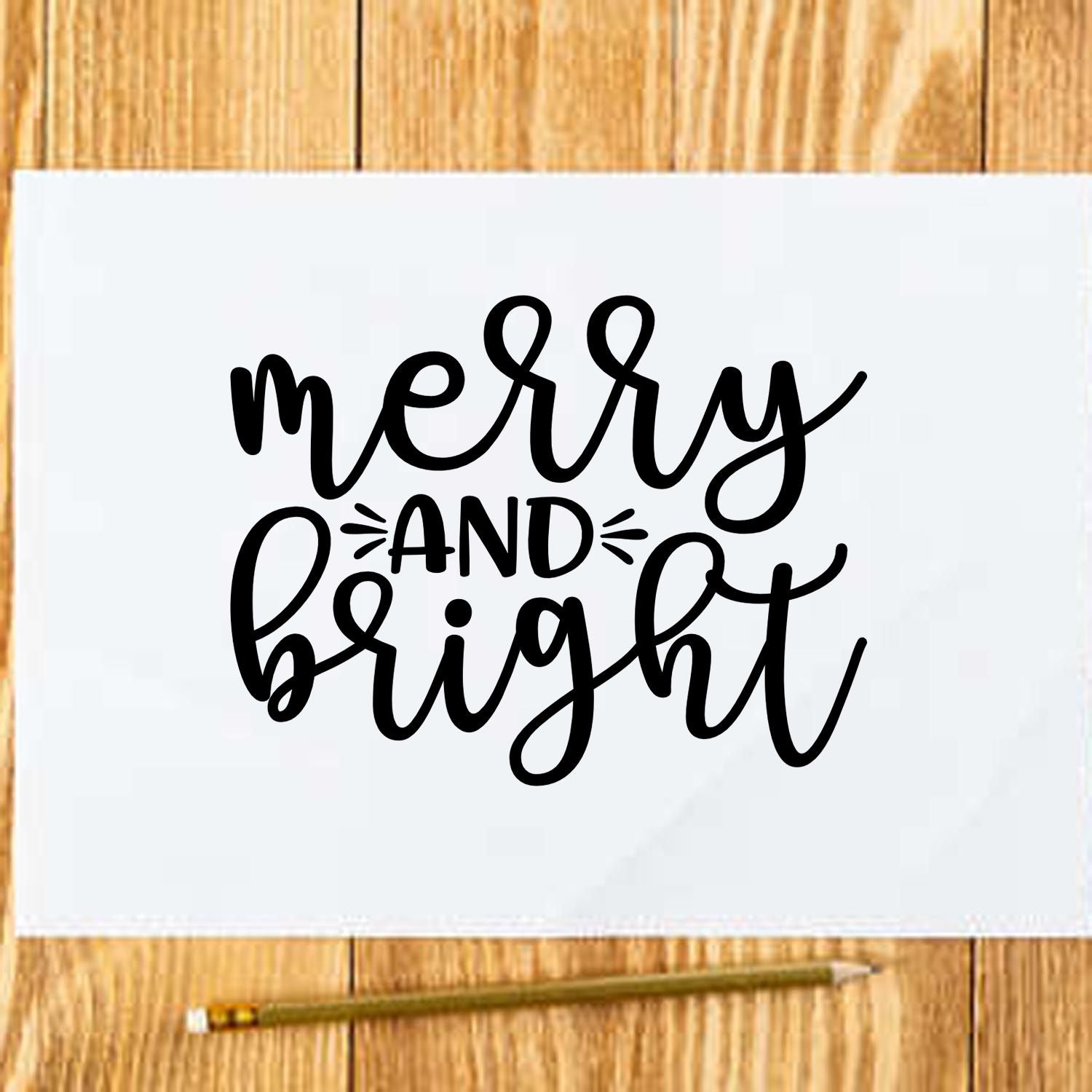 Merry and Bright Christmas rubber stamp design in bold script, ideal for holiday cards, gift tags, and festive crafts.