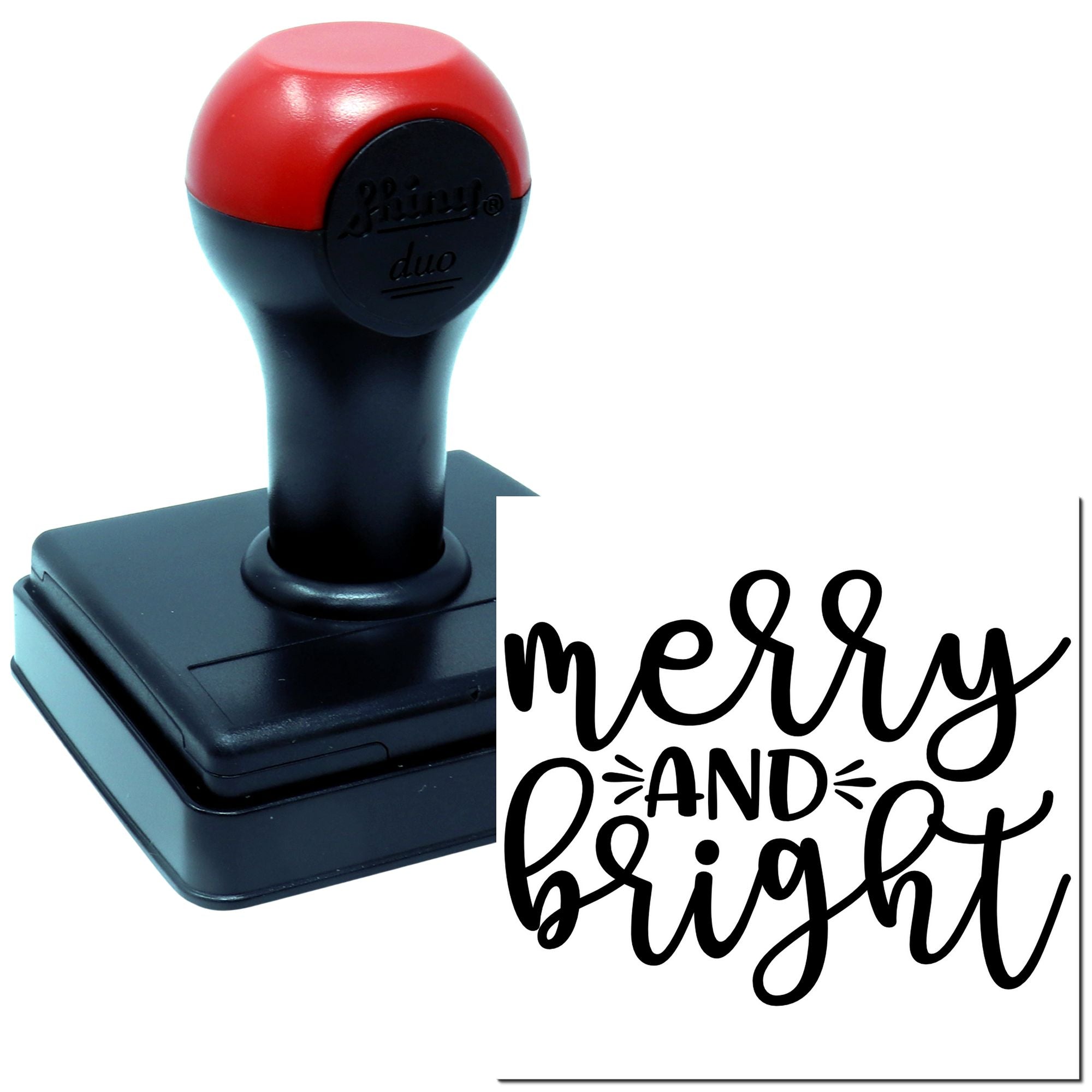 Custom self-inking rubber stamp with Merry and Bright holiday message