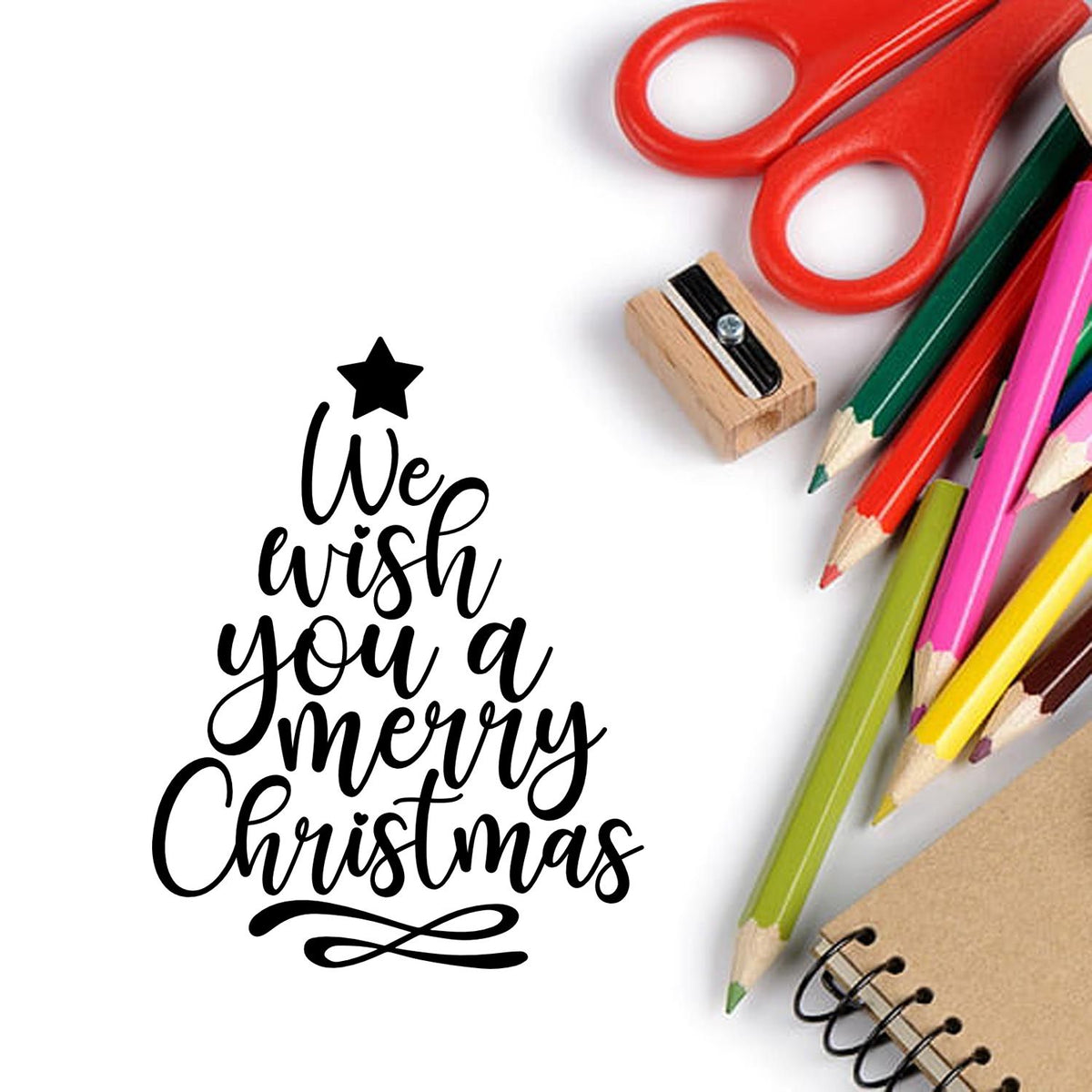 PSI Pre-Inked We Wish Merry Christmas Tree With Stars Stamp imprint stamped in black ink. “We Wish You a Merry Christmas” forms a tree-shaped stack topped by a star.