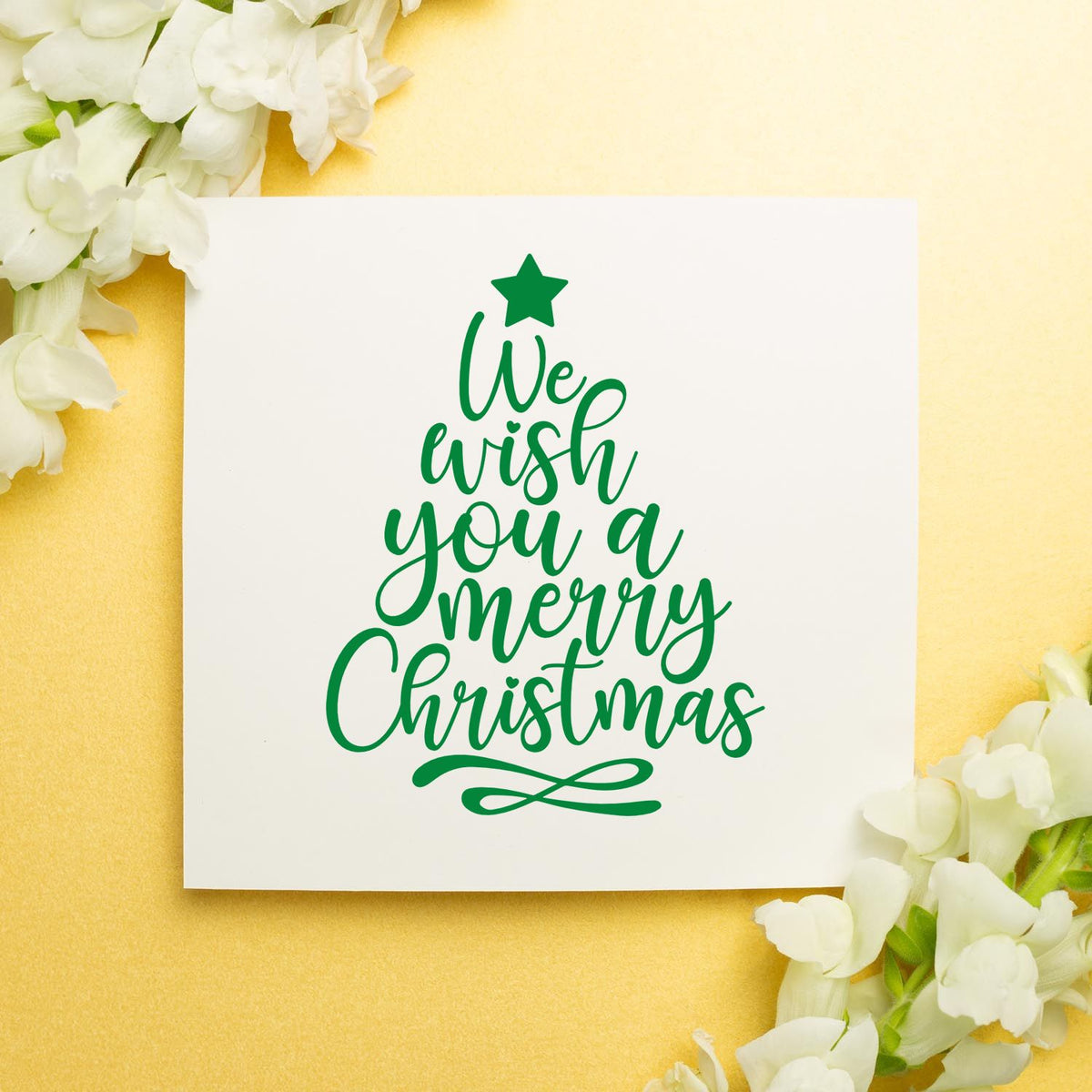 Green We Wish You a Merry Christmas tree rubber stamp design for holiday cards, crafts, and festive handmade stationery.