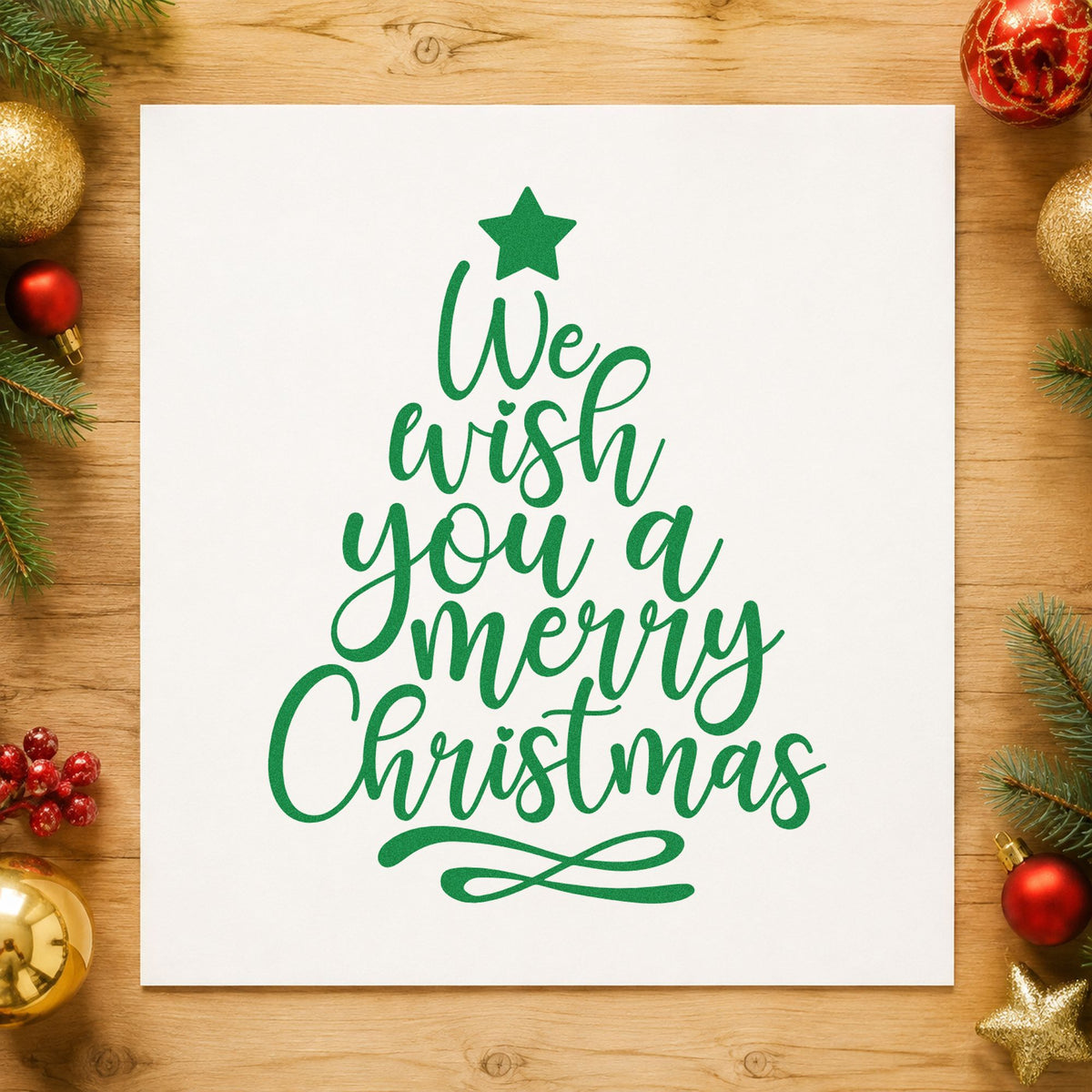 We Wish Merry Christmas Tree craft stamp imprint in green ink on a handmade project, one idea being door drop gift tags.