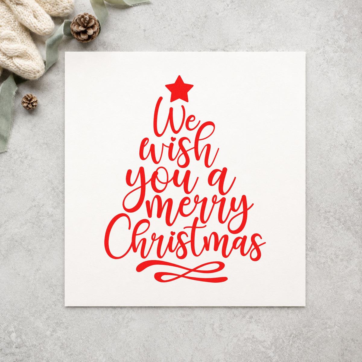 We Wish Merry Christmas Tree rubber stamp shown in red ink, stamped for projects such as songsheet fold seals.