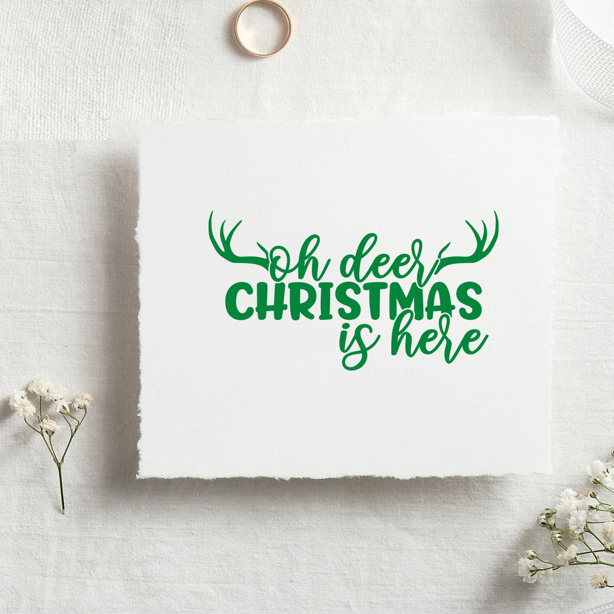Oh deer Christmas is here rubber stamp design with antlers in green, perfect for holiday crafting and seasonal cards.
