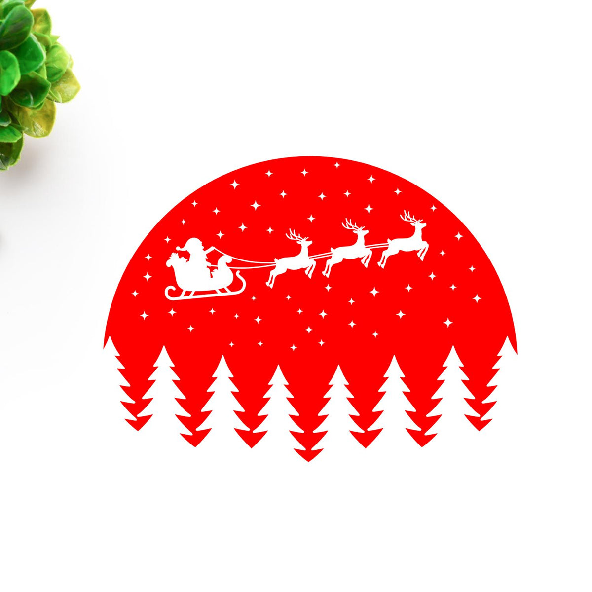 Christmas rubber stamp design with Santa sleigh, reindeer, stars, and pine trees in a festive red winter scene.