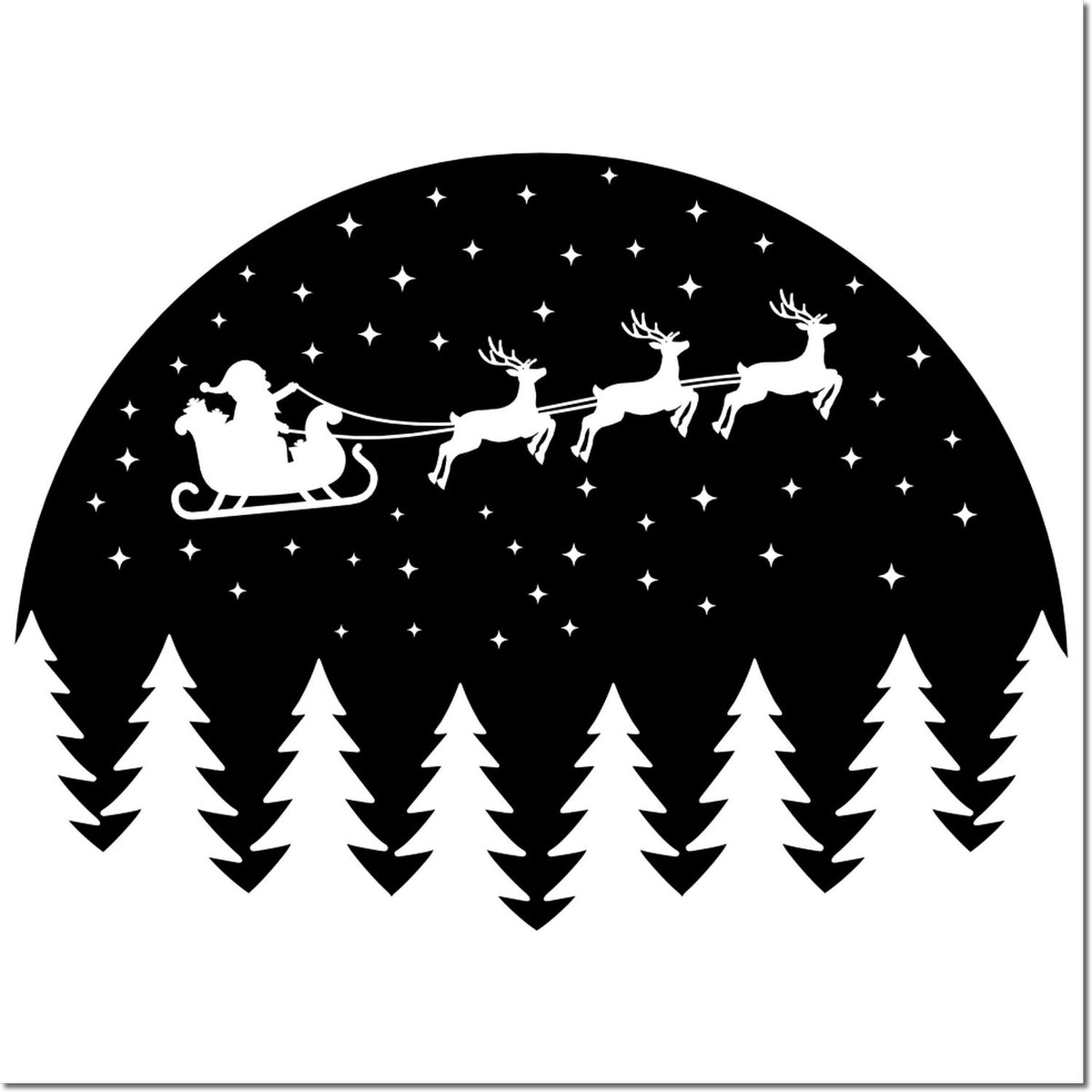 Christmas rubber stamp design with Santa in sleigh, reindeer, stars, and snowy pine trees.