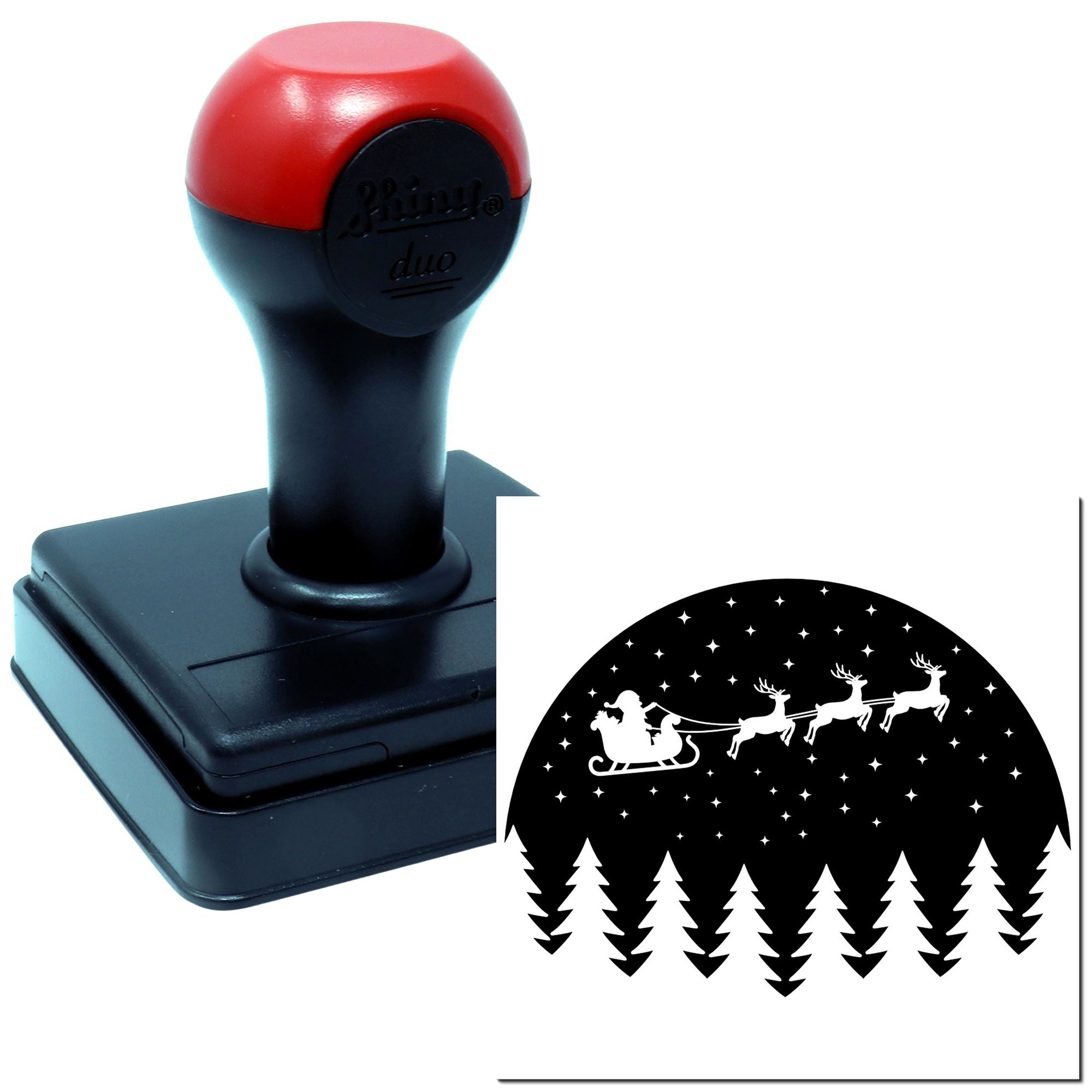 Custom Christmas rubber stamp with Santa sleigh, reindeer, stars, and pine trees for holiday cards and crafts.