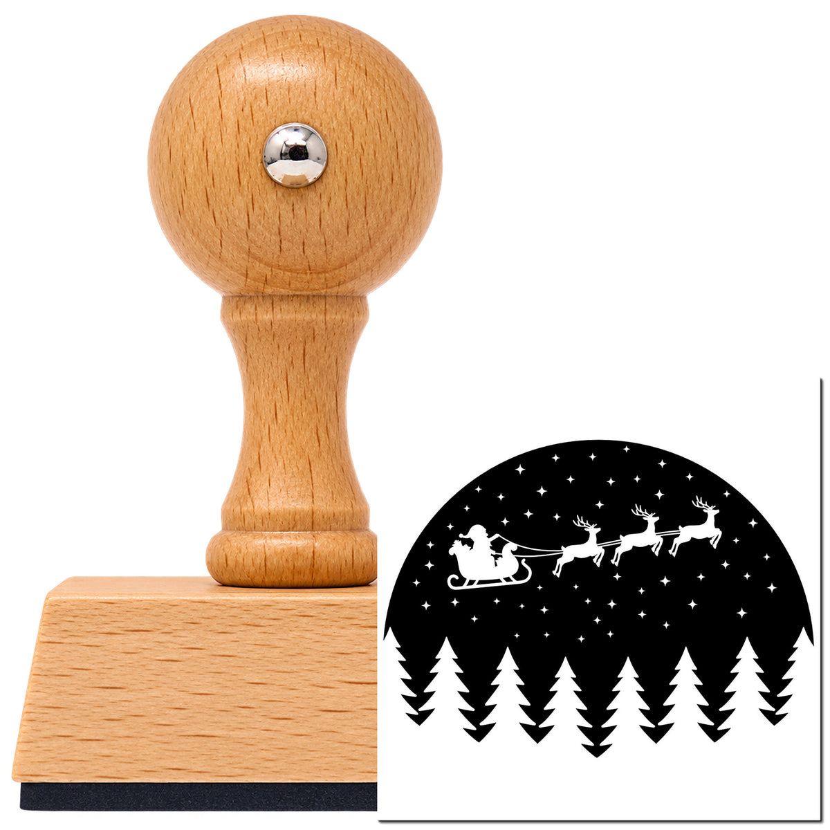 Santa Sleigh Snowy Forest Circle With Cross Vintage Pro rubber stamp in European beech wood with a round knob handle, shown beside its black imprint.