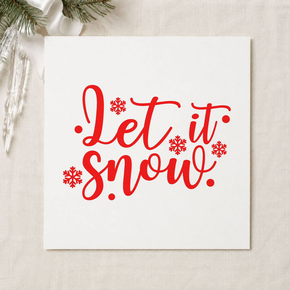 Let It Snow Snowflakes rubber stamp shown in red ink, stamped for projects such as gear bin labels.