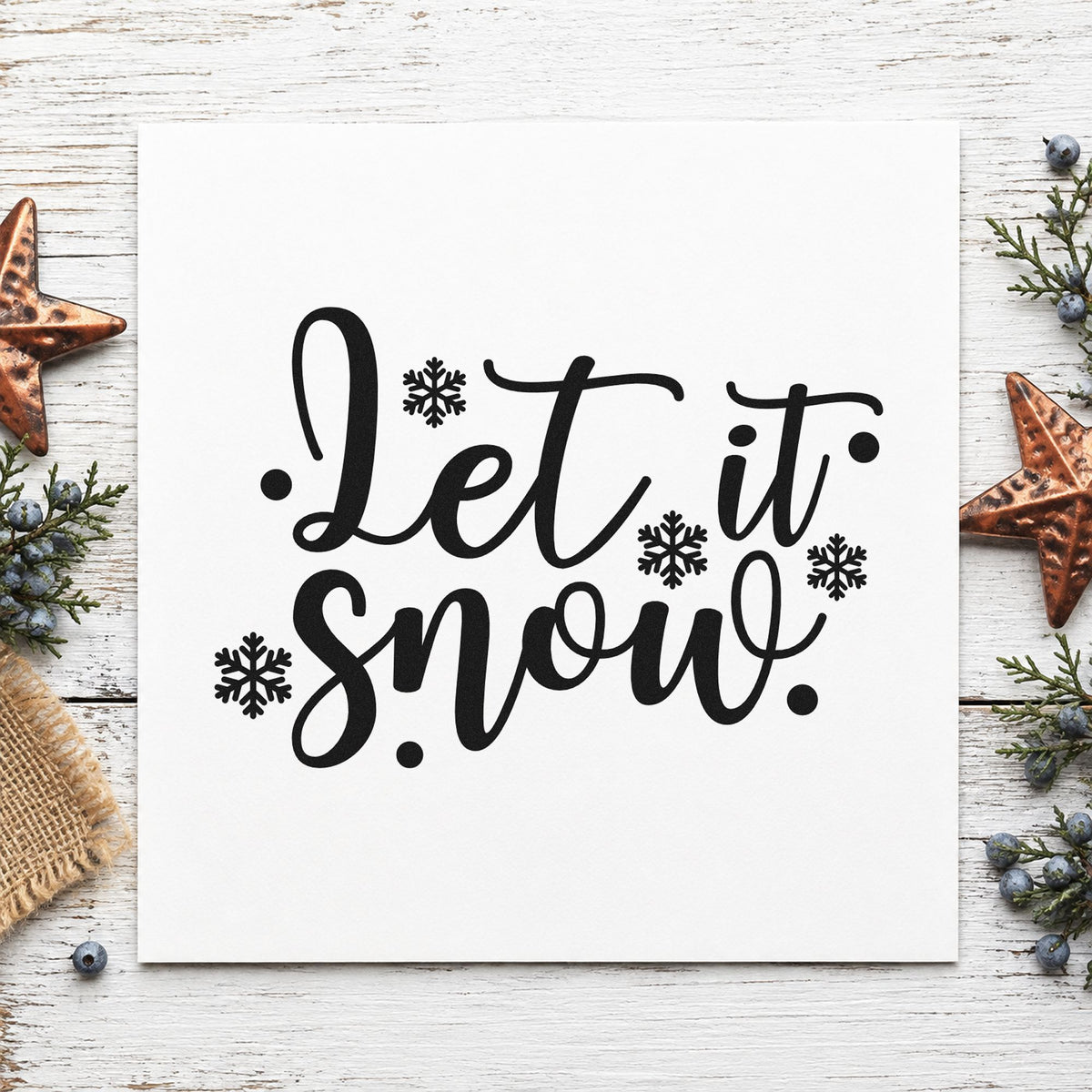 Let It Snow Snowflakes rubber stamp printed in black ink, ready for looping snow cards and similar paper crafts.