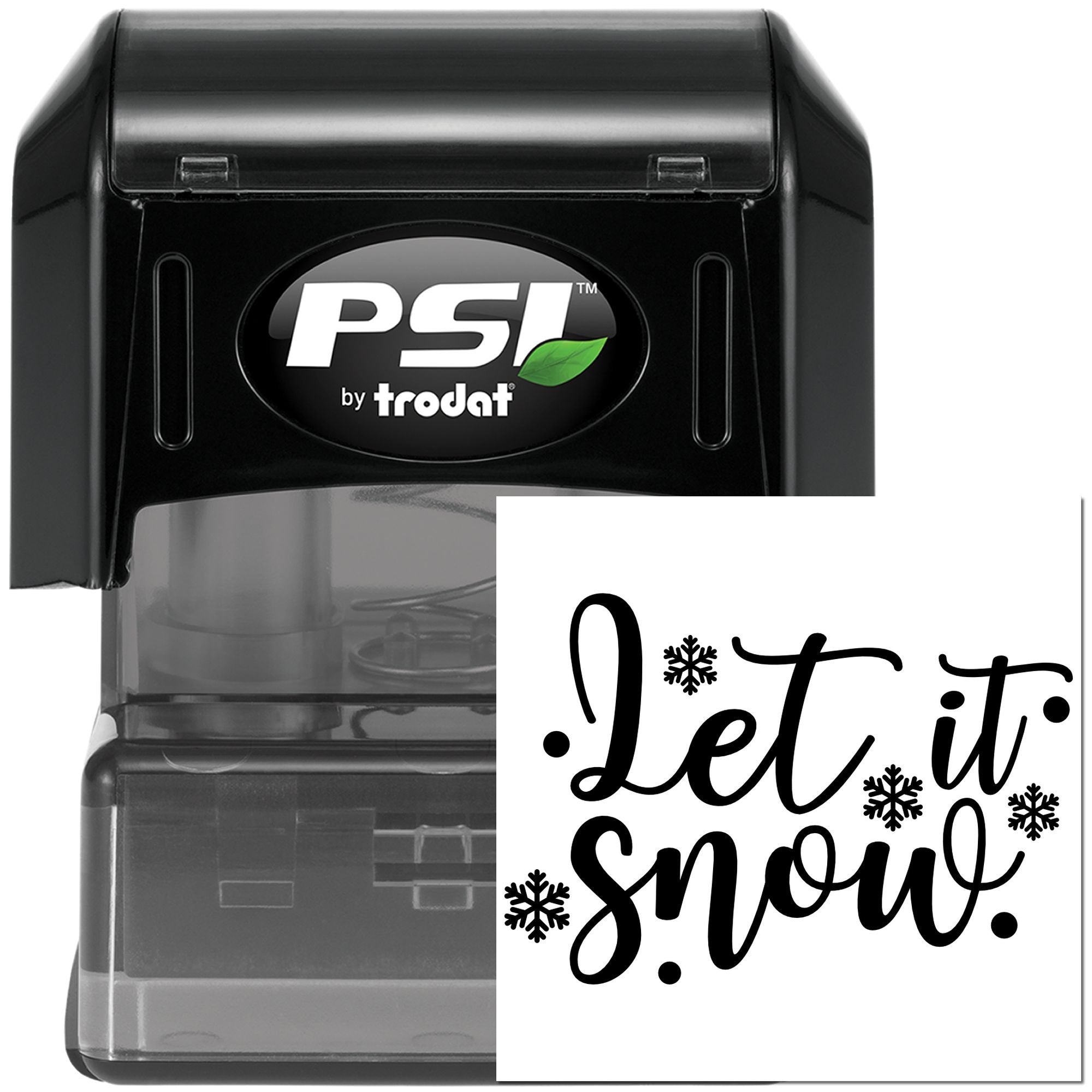 PSI by Trodat self-inking rubber stamp with Let it snow holiday design, ideal for custom winter card and craft stamping