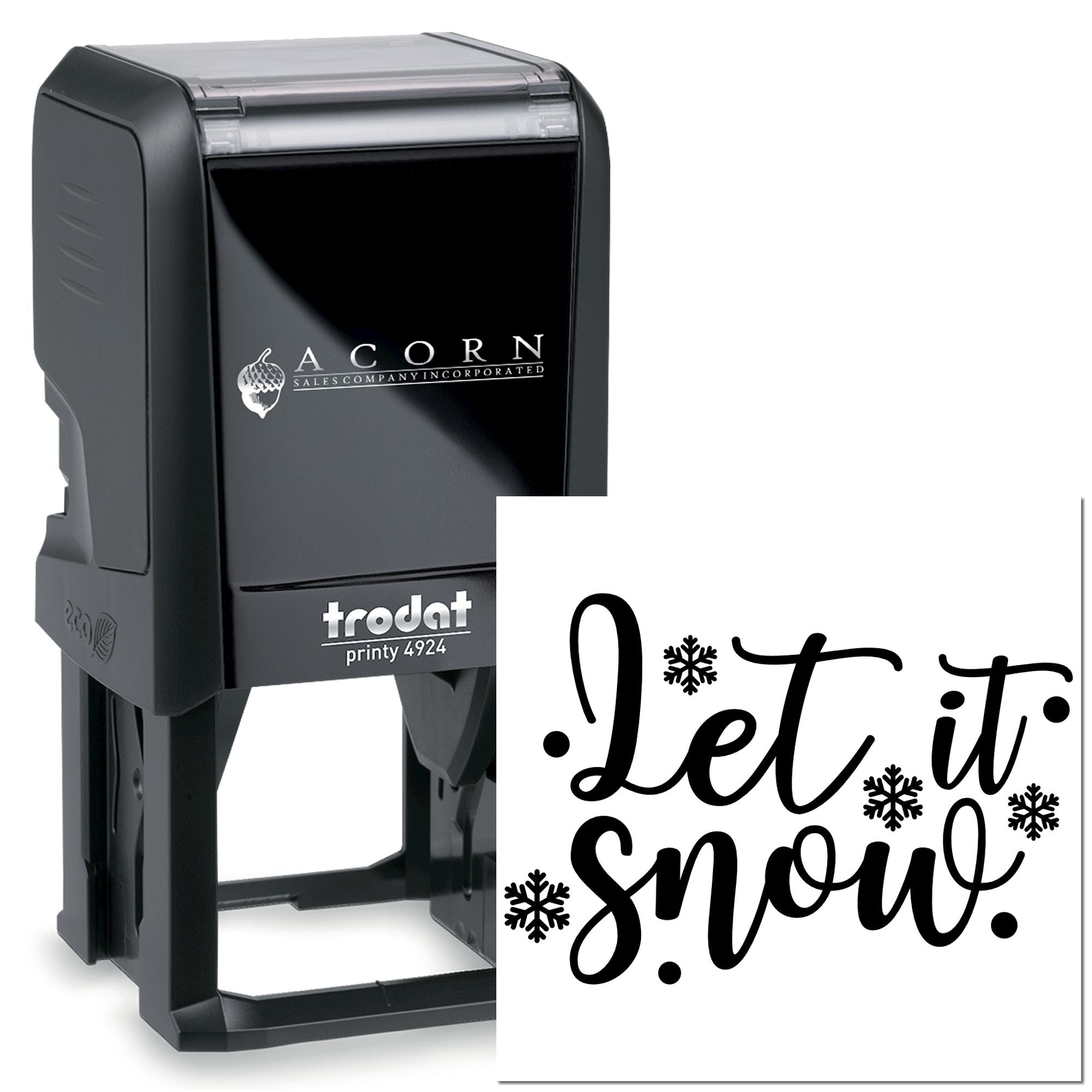 Trodat Printy 4924 self-inking rubber stamp with Let It Snow holiday message and snowflakes.