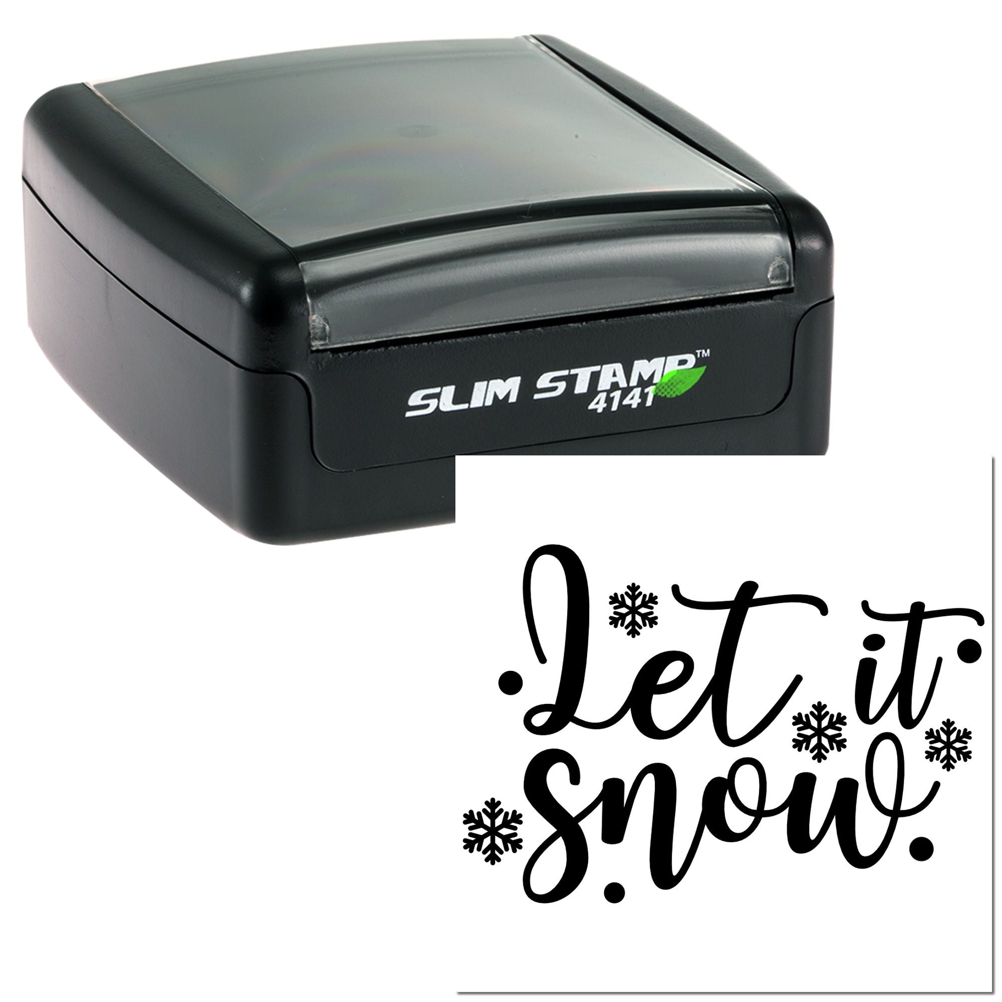 Slim Stamp 4141 self-inking rubber stamp with Let It Snow snowflake design for winter crafts and holiday cards.