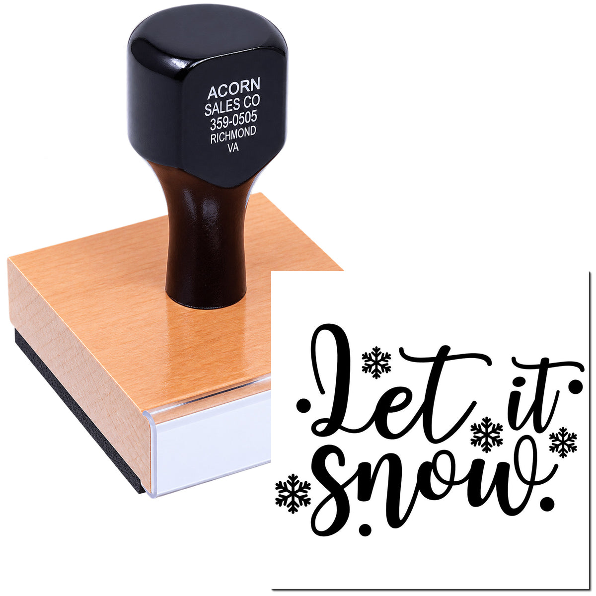 Holiday rubber stamp with Let it Snow design and snowflakes for seasonal cards, gift wrap, and craft projects.
