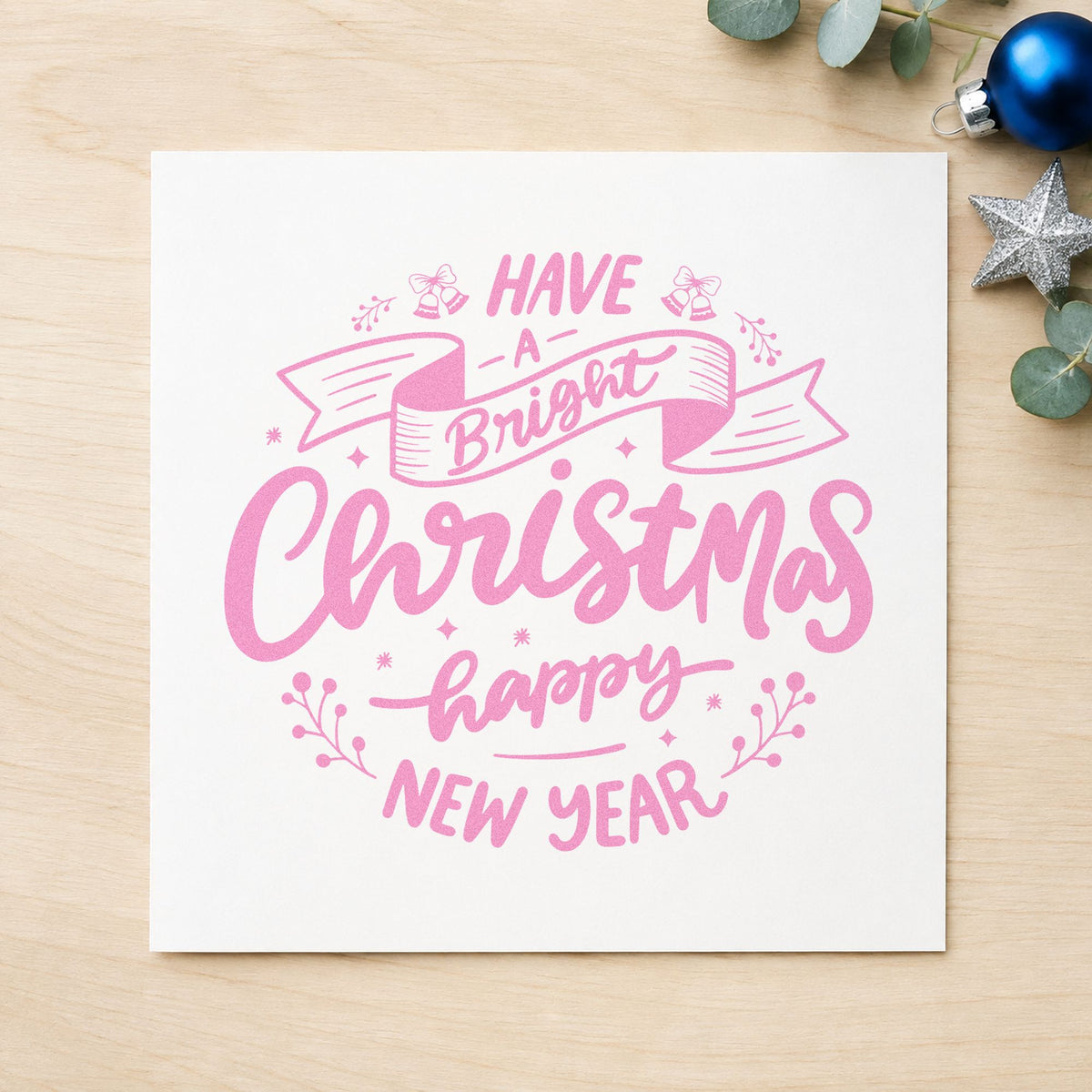 Bright Christmas Happy New Year craft stamp in purple ink on cardstock, an easy option for year review album.