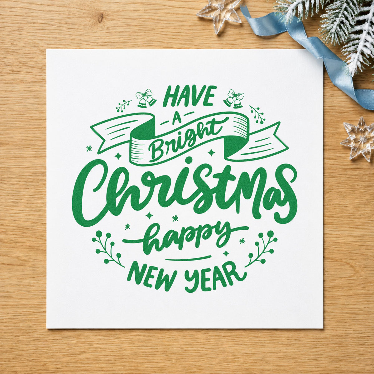 Bright Christmas Happy New Year craft stamp imprinted in green ink on paper, a design suited to framed boardroom wall.