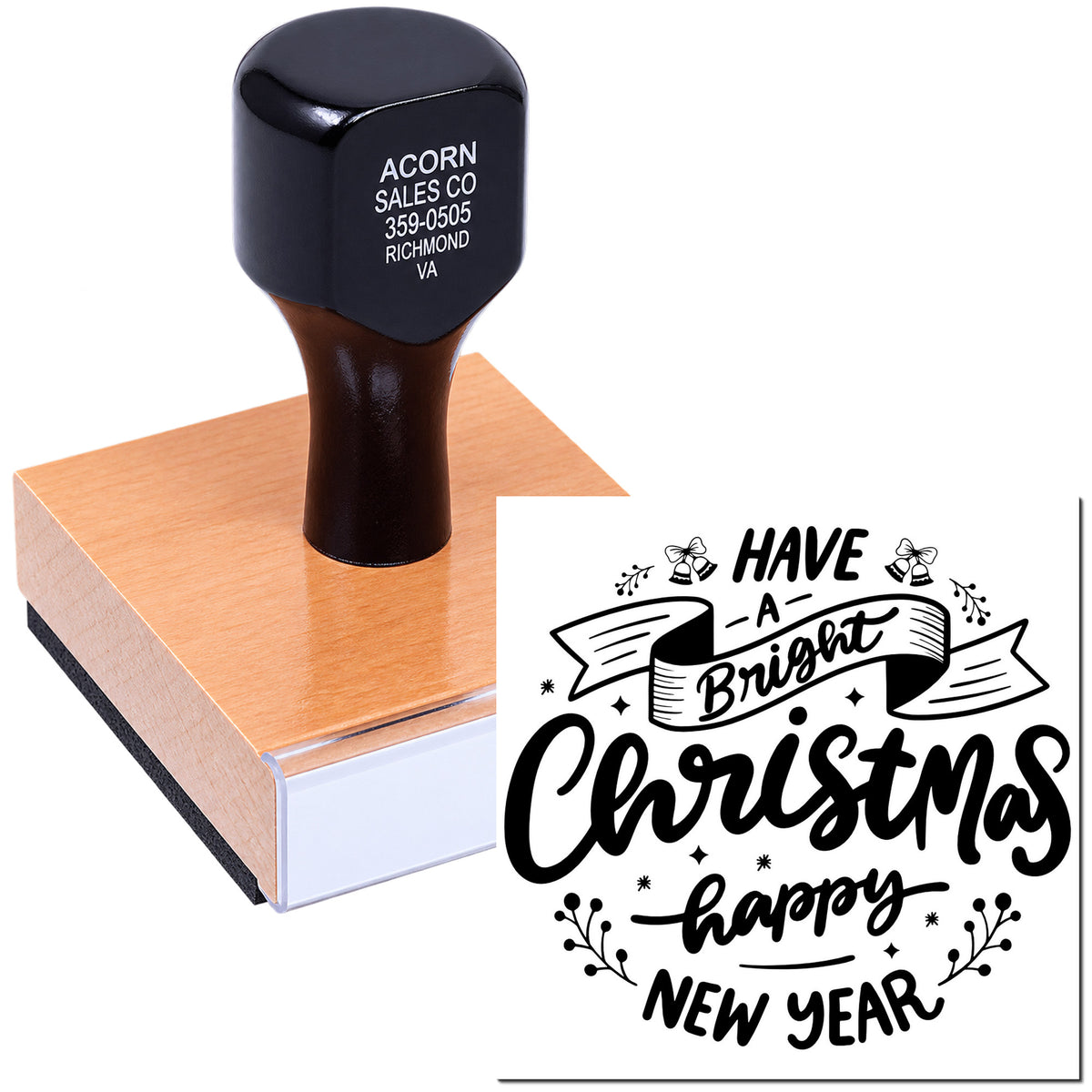 Custom holiday rubber stamp with Have a Bright Christmas, Happy New Year design for festive cards and packaging.