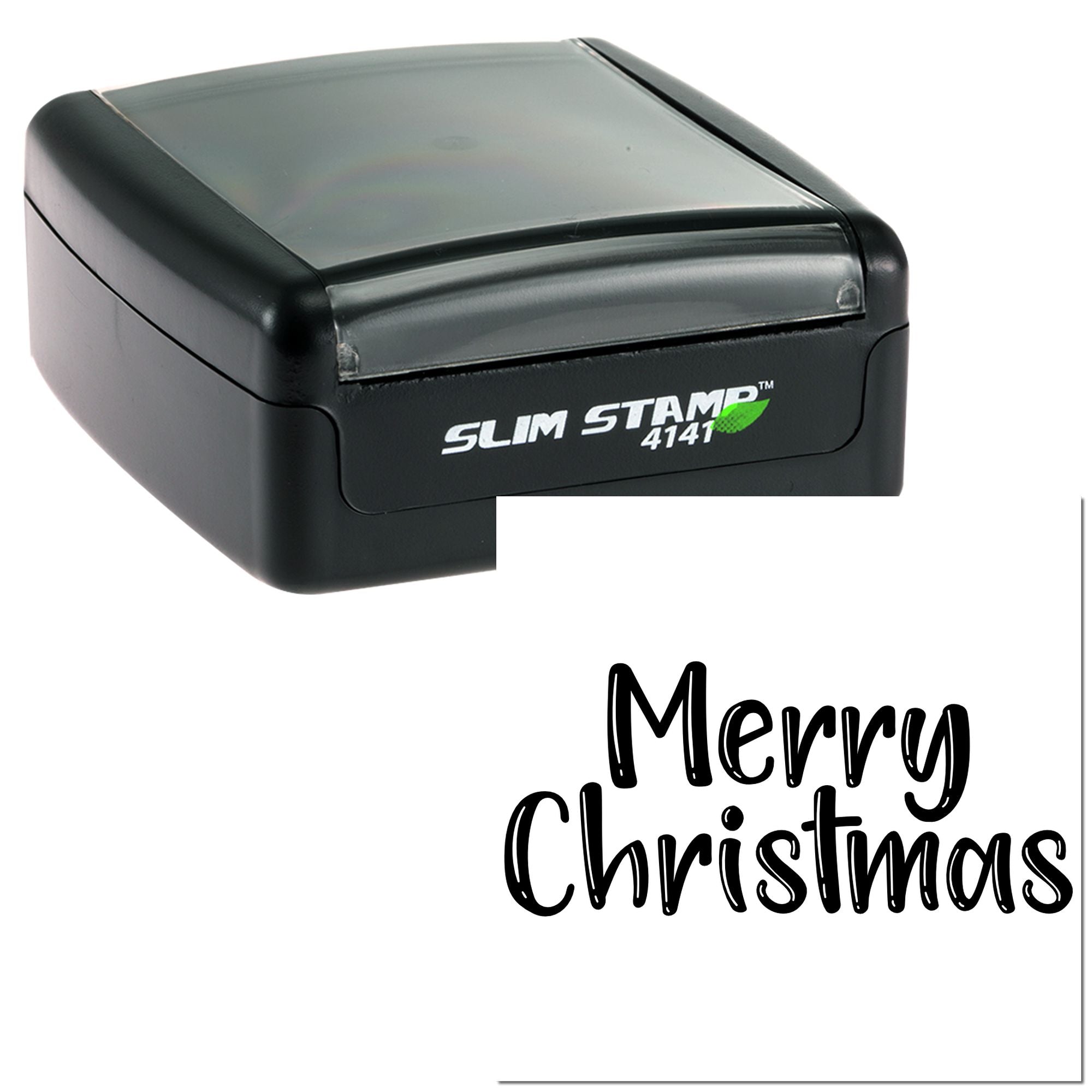 Custom Merry Christmas self-inking rubber stamp, Slim Stamp 4141, for festive holiday card and gift labeling.