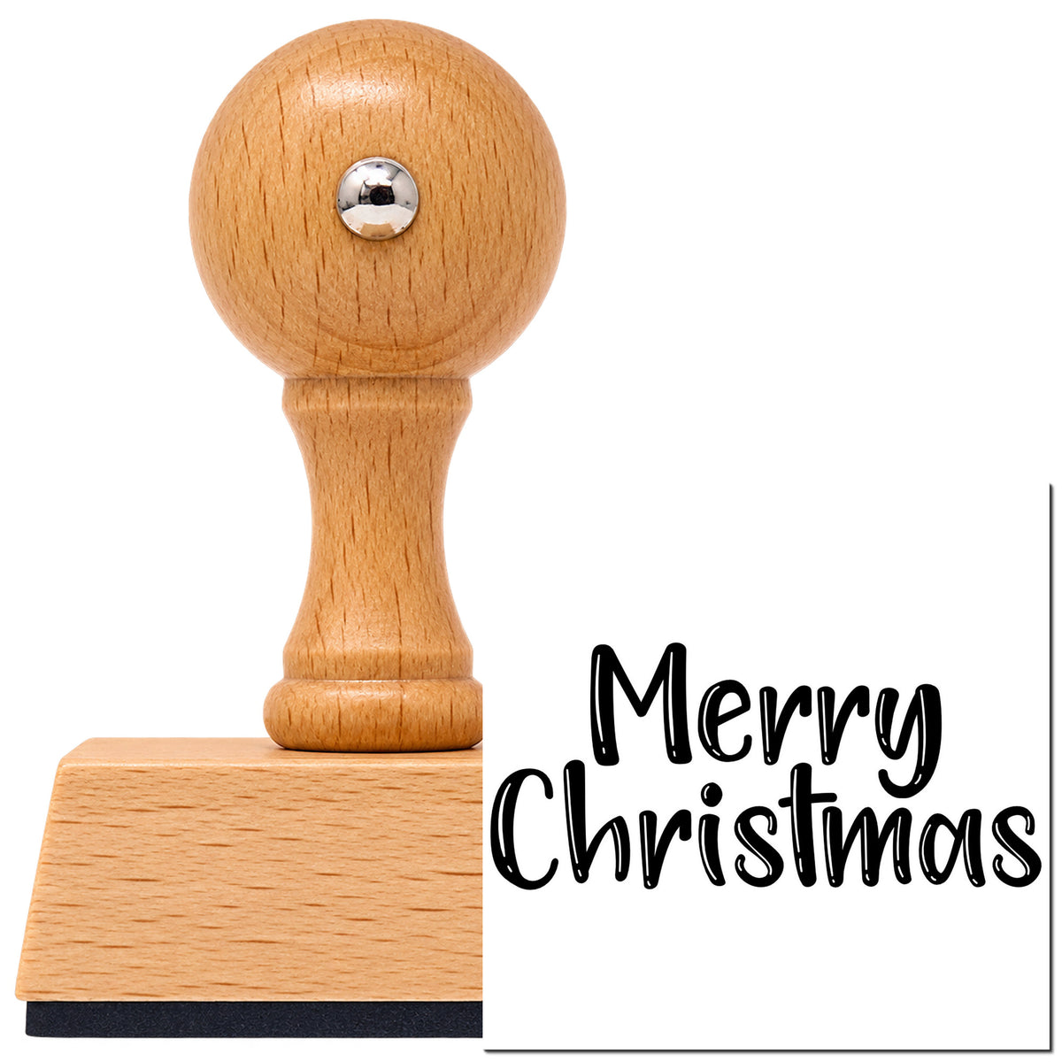 Merry Christmas Textured Letters Vintage Pro rubber stamp in European beech wood with a round knob handle, shown beside its black imprint.