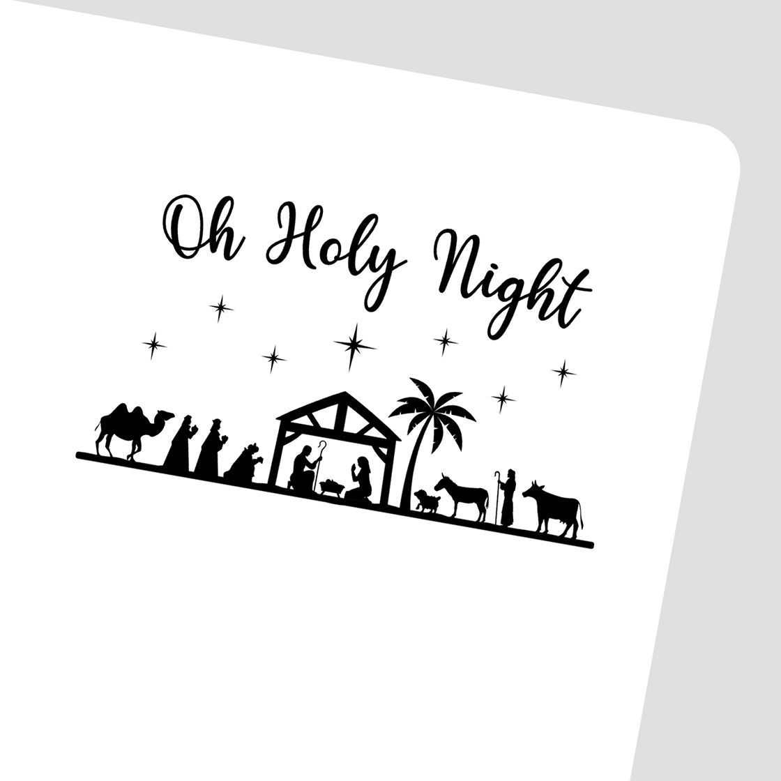 Oh Holy Night nativity rubber stamp design with manger scene, wise men, star, camel, and Christmas silhouette artwork