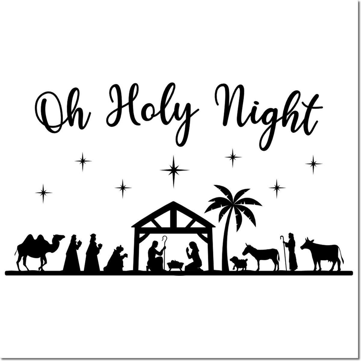 Oh Holy Night nativity rubber stamp design featuring the Holy Family, Wise Men, camels, and starry manger scene.