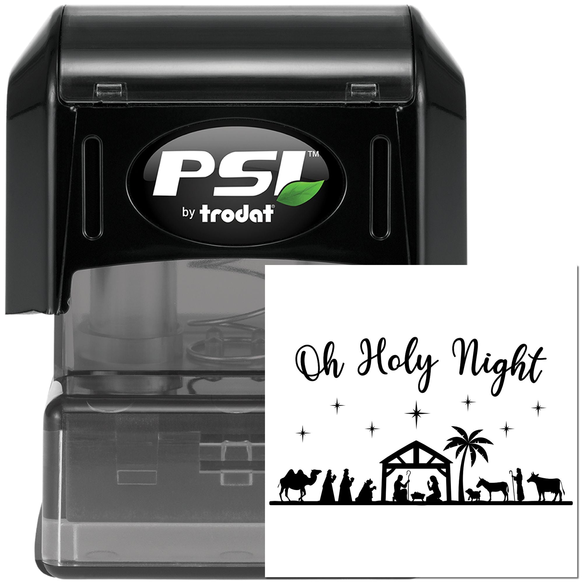 PSI by Trodat self-inking rubber stamp with Oh Holy Night nativity design for Christmas cards, crafts, and holiday use.