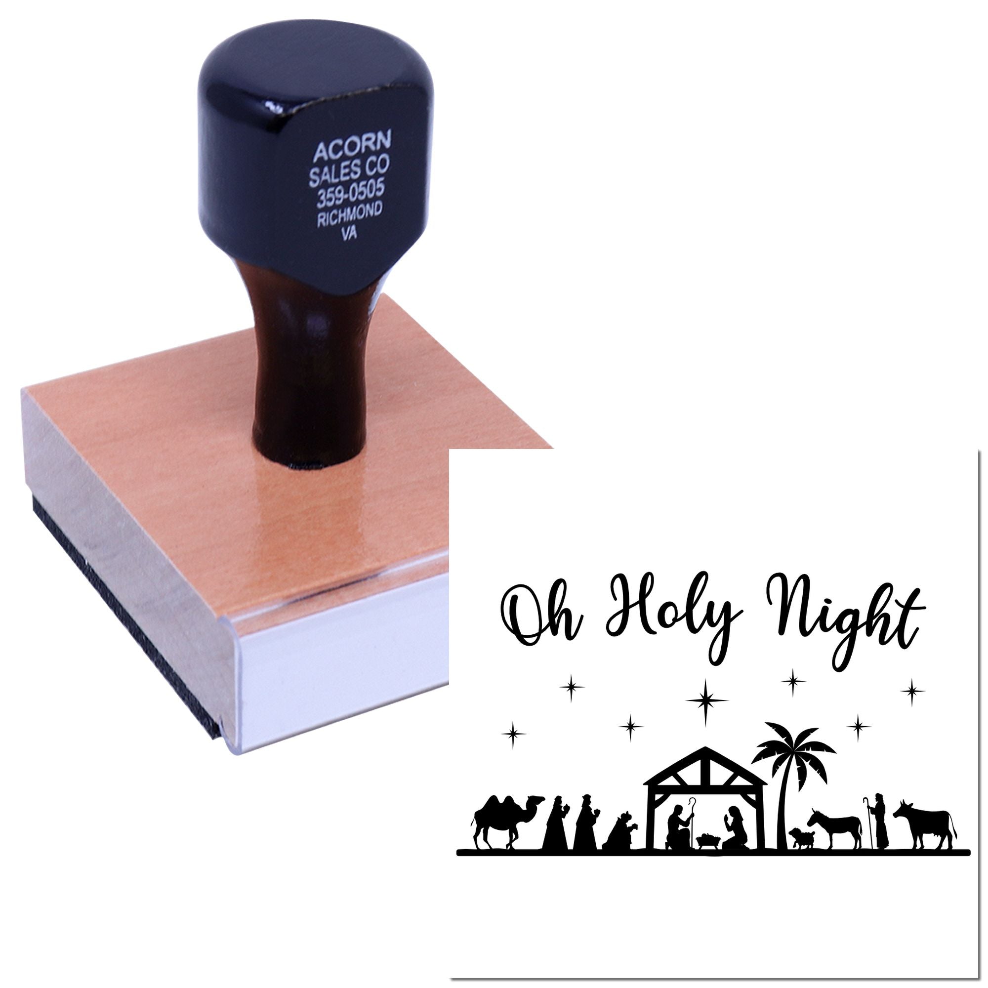 Custom rubber stamp for Christmas cards featuring an Oh Holy Night nativity scene design.