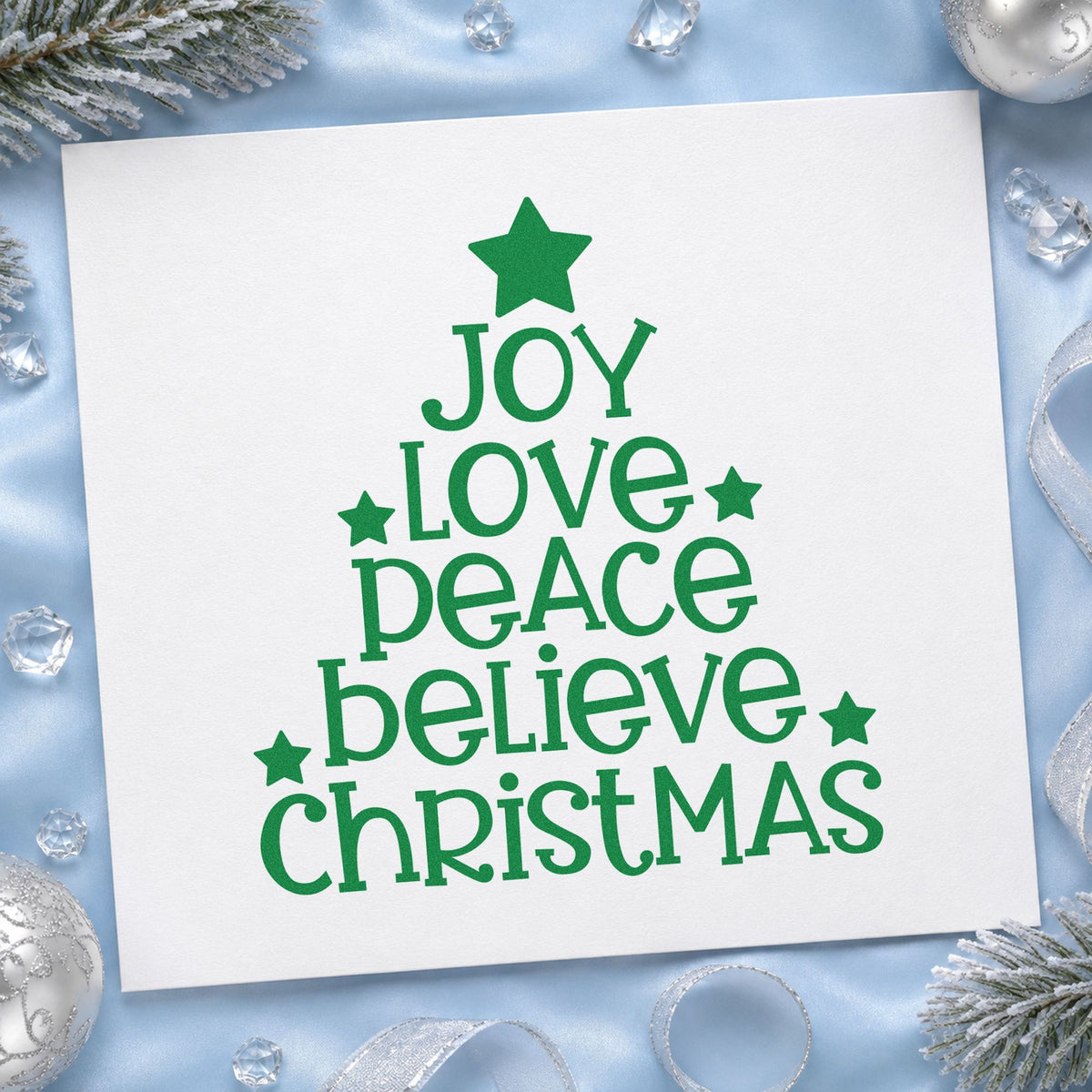 Joy Love Peace Christmas Tree craft stamp imprint in green ink on a handmade project, one idea being retreat session cards.