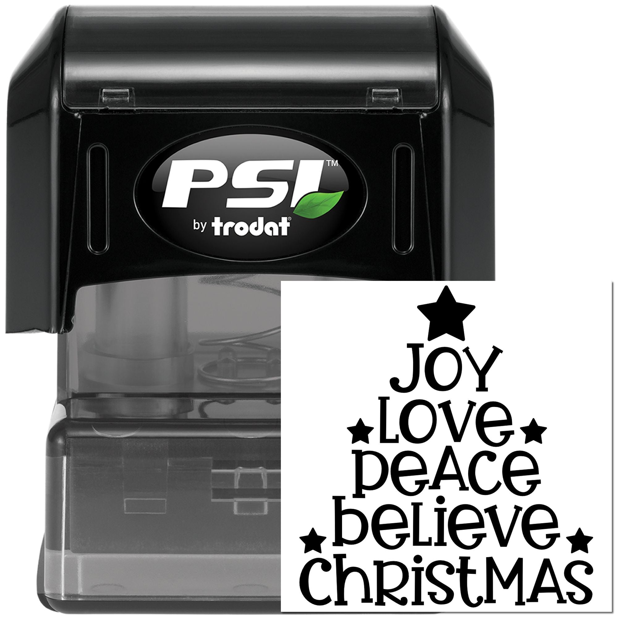 Self-inking rubber stamp by PSI Trodat with Christmas message: Joy, Love, Peace, Believe and stars.