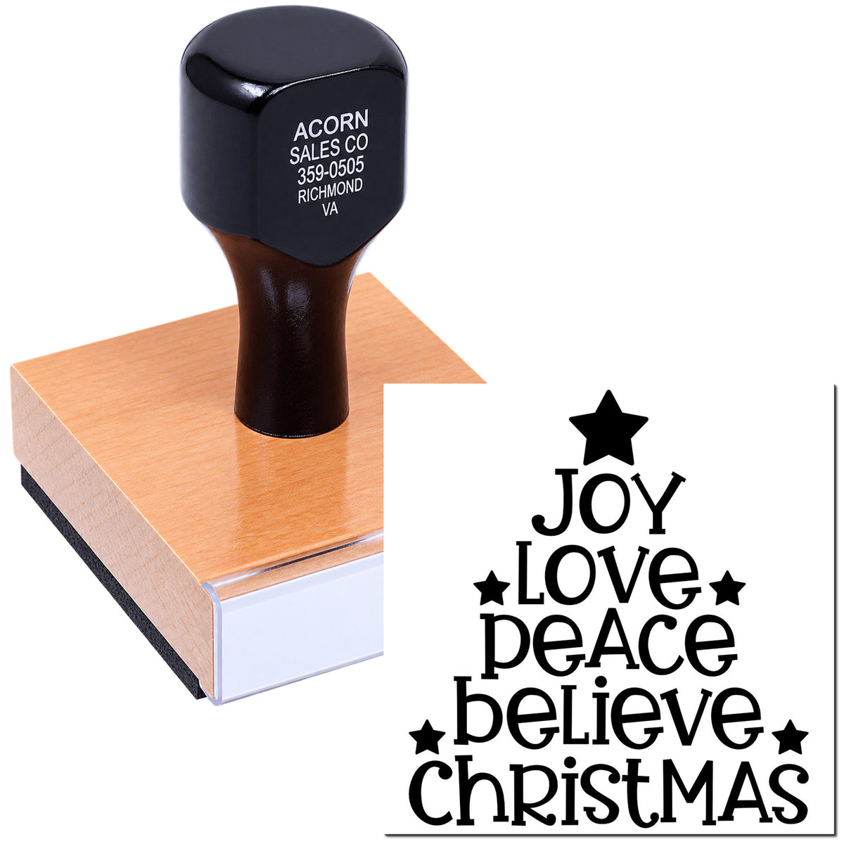 Christmas rubber stamp with Joy Love Peace Believe design for holiday cards, crafts, and festive packaging.
