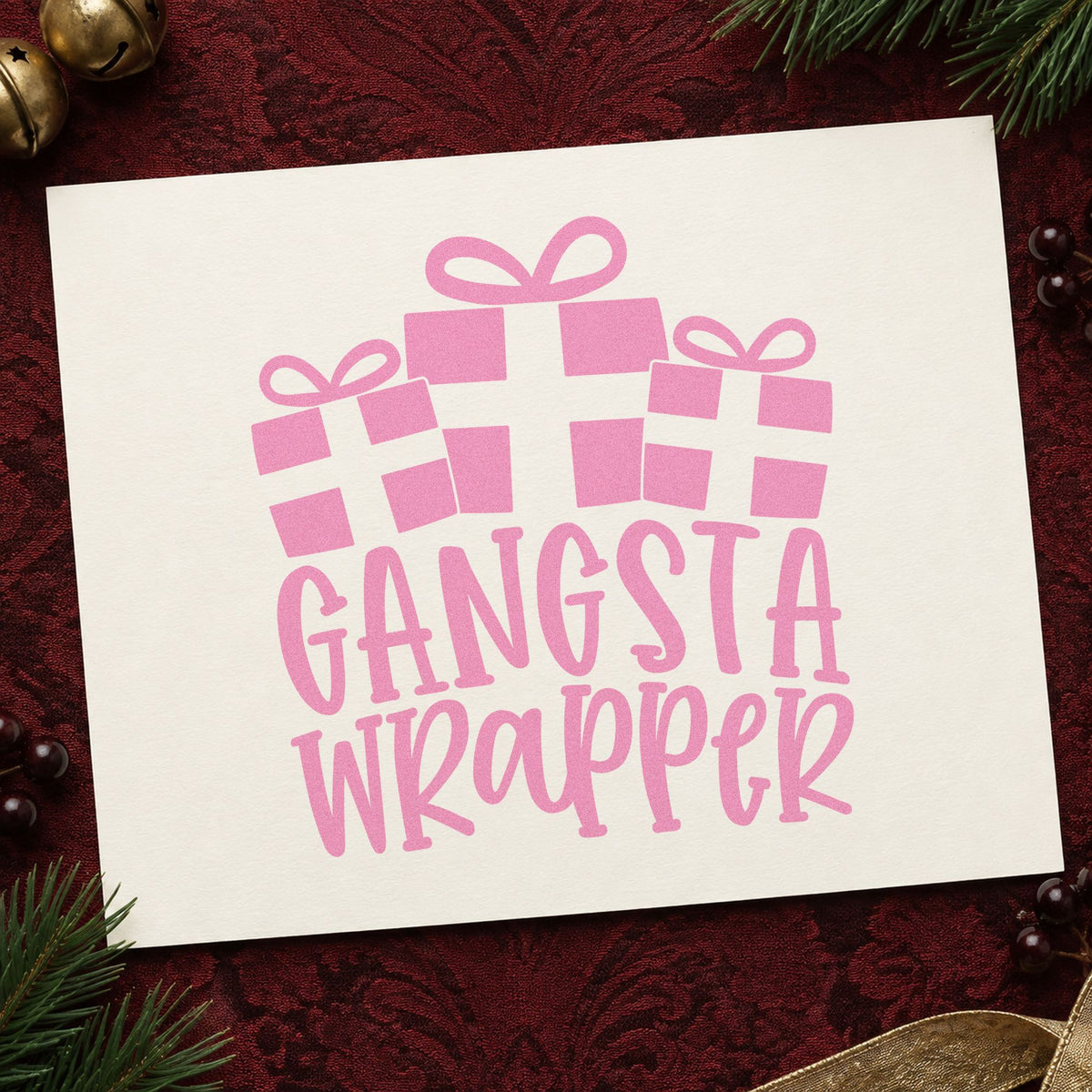 Gangsta Wrapper Presents craft stamp in purple ink on cardstock, an easy option for wrapping album page.