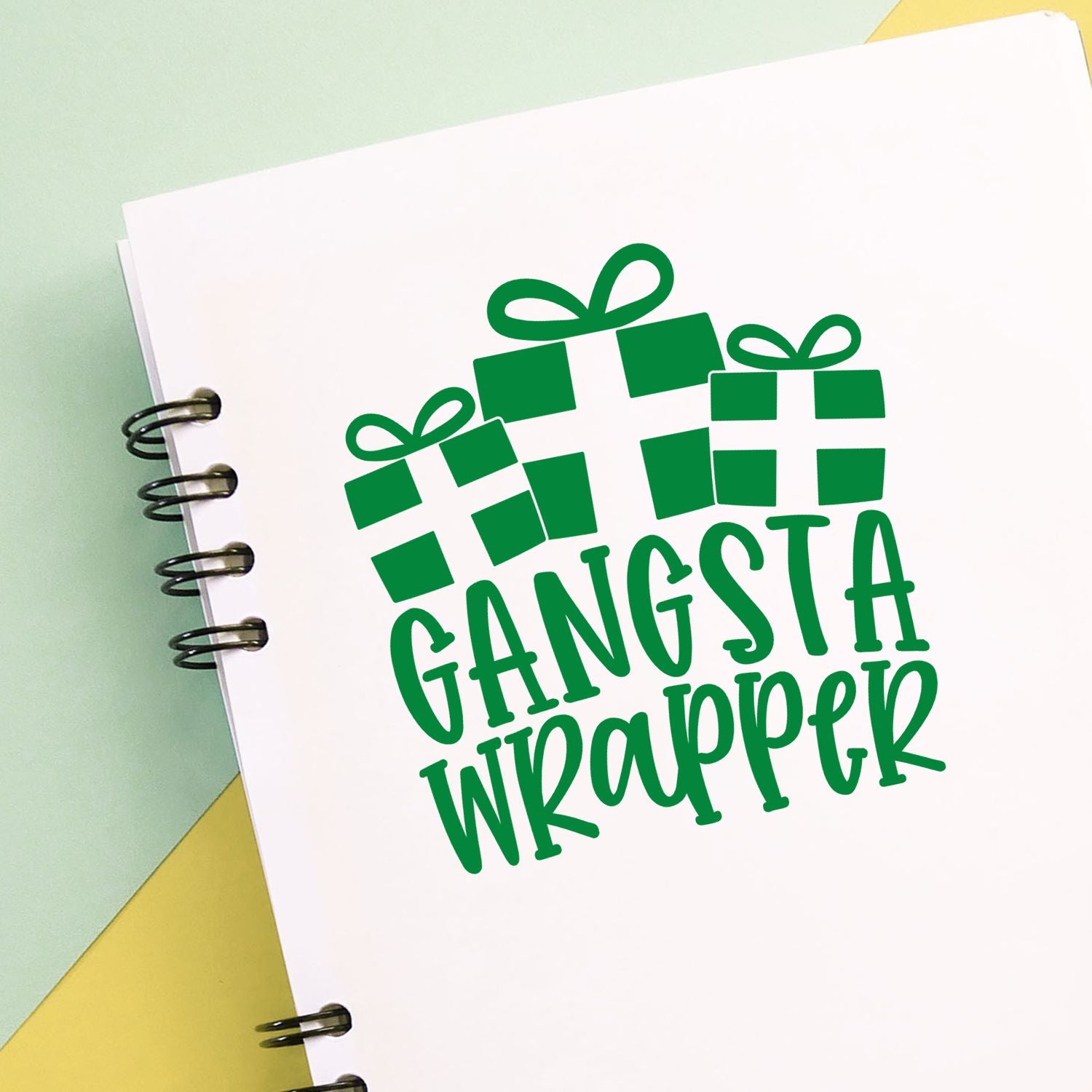 Gangsta Wrapper gift-themed rubber stamp design with green presents, ideal for custom wrapping and craft projects.