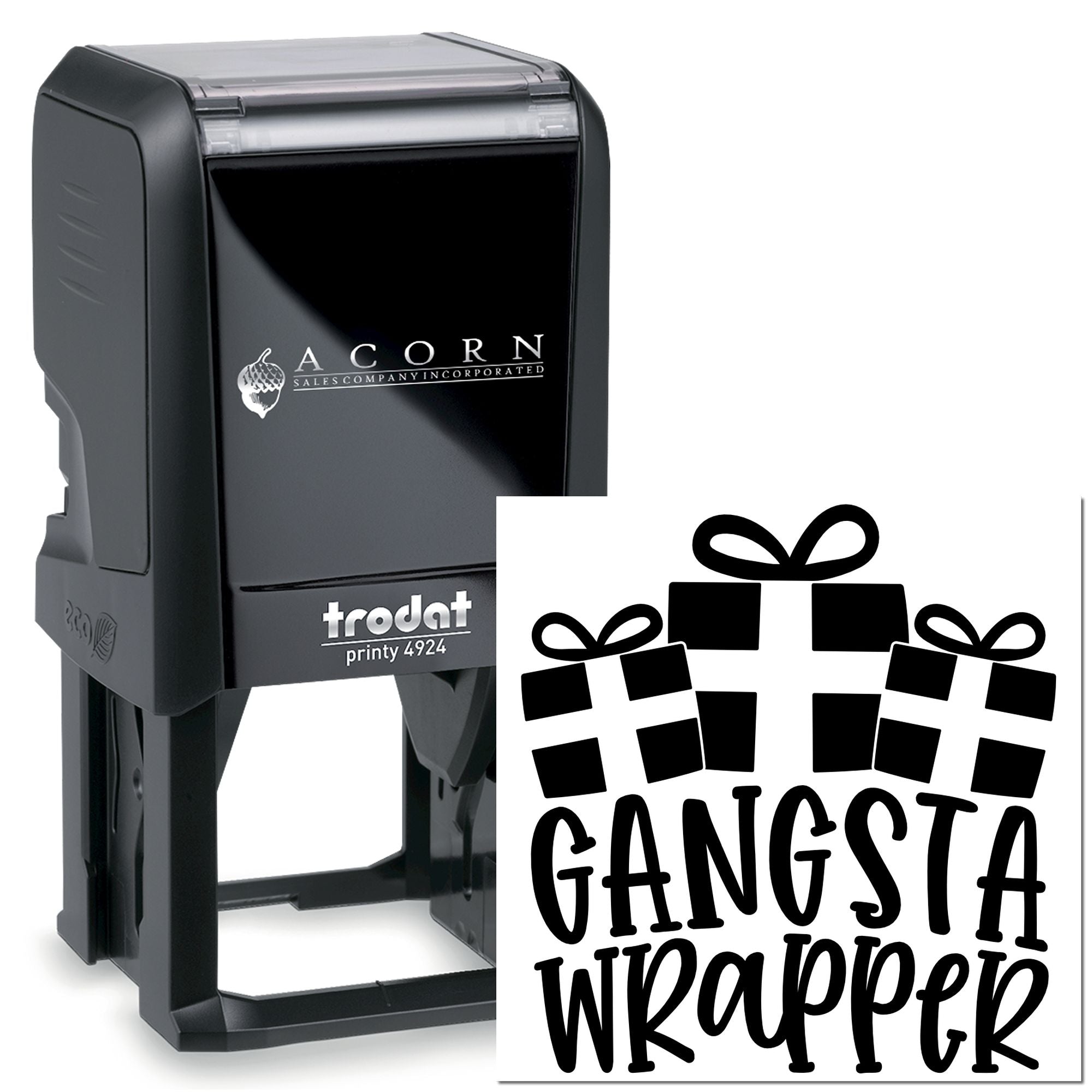 Custom self-inking Trodat Printy 4924 rubber stamp for branded gift wrap and packaging, with Gangsta Wrapper design.