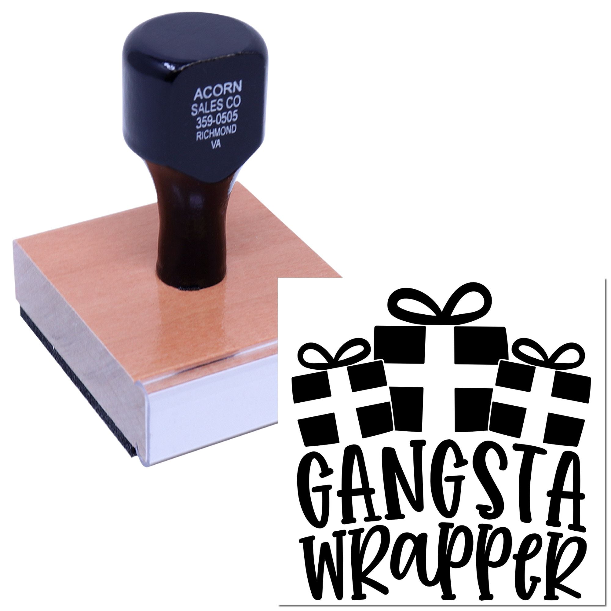 Custom rubber stamp for gift wrapping branding, with Gangsta Wrapped logo and personalized business imprint.